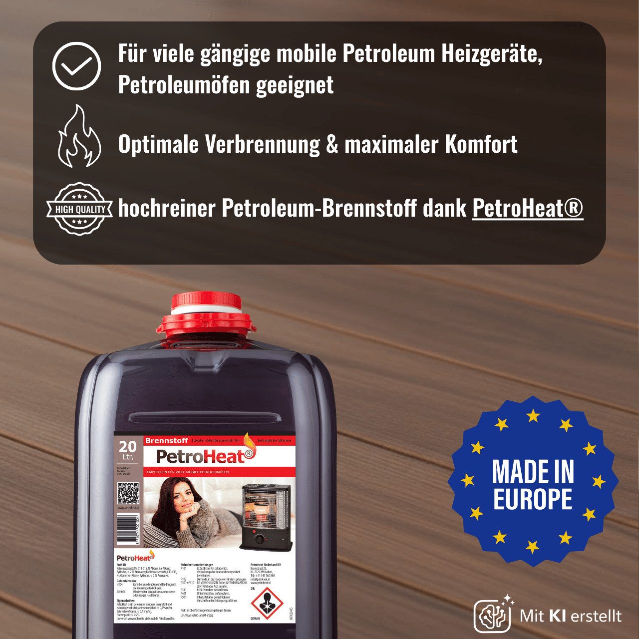 PetroHeat Petroleum 20 Liter Brennstoff geruchsarm für Petroleumofen, (inkl. Reinigungstuch), für mobile Petroleum-Heizung, Petroleumöfen