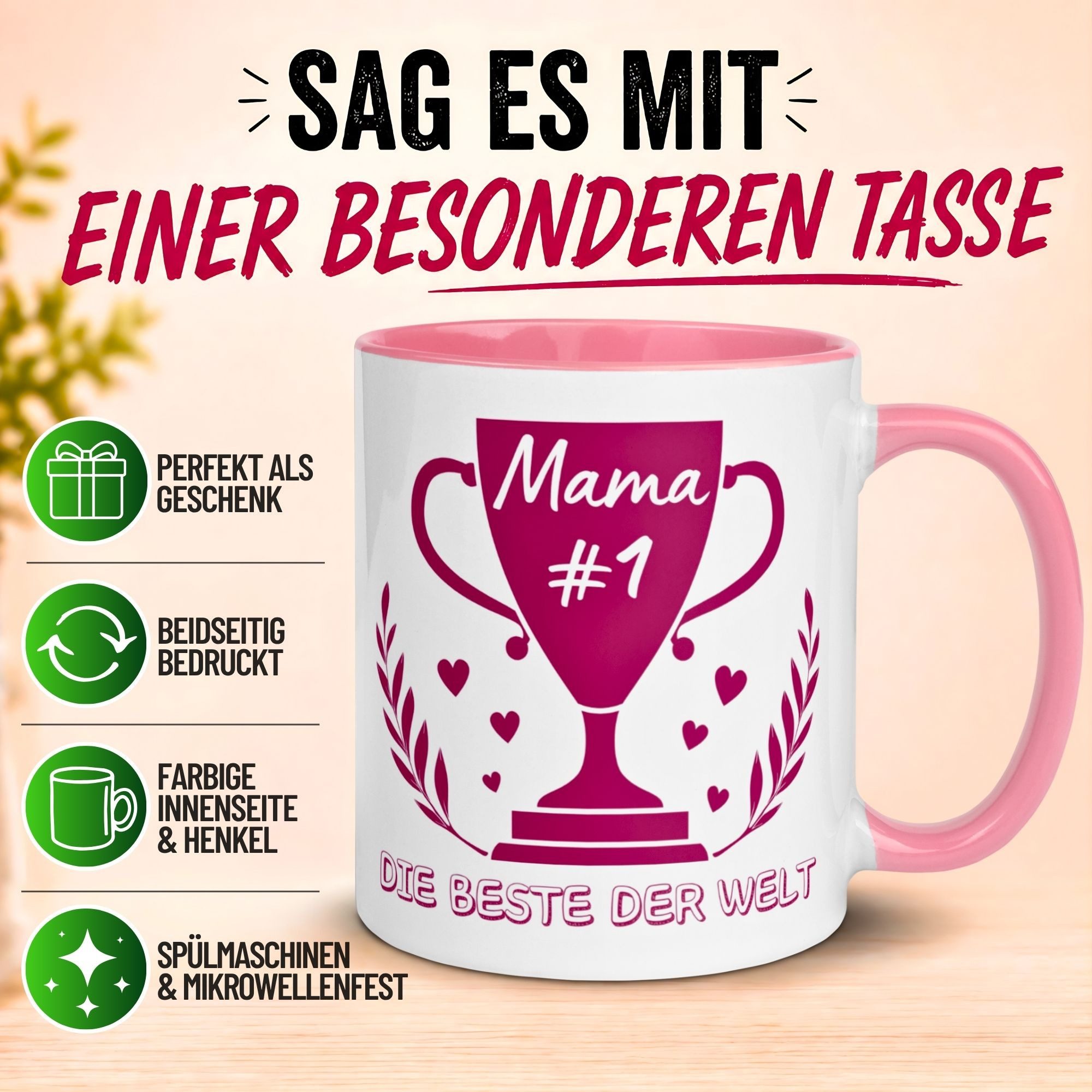 Momentals Tasse Mama – „Die Beste der Welt“ – Geschenk Becher Geburtstag Muttertag, Gratis Versand · Links-&Rechtshänder · Spülmaschinenfest