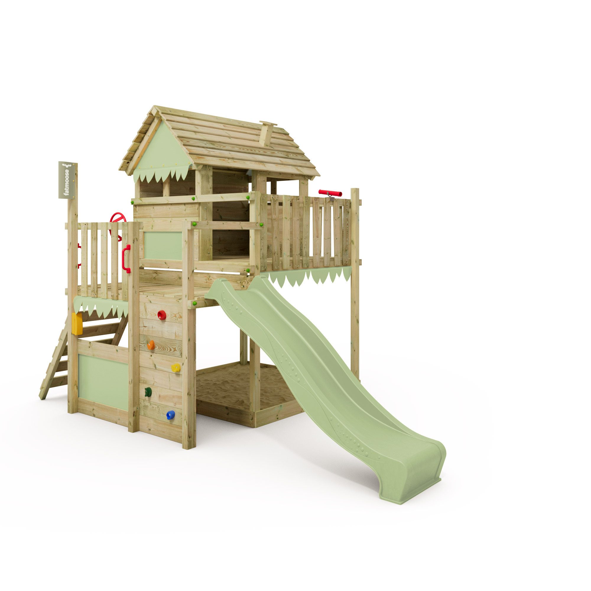FATMOOSE Klettergerüst MightyMansion Move XXL Spielhaus mit Rutsche und Sandkasten, (Spielturm mit Kletterleiter, zwei Spielplattformen und Kletterwand, Stelzenhaus für Kinder mit Ladentheke im großen Spielhaus), extrem witterungsbeständiges Gartenspielgerät mit 10 Jahren Garantie*