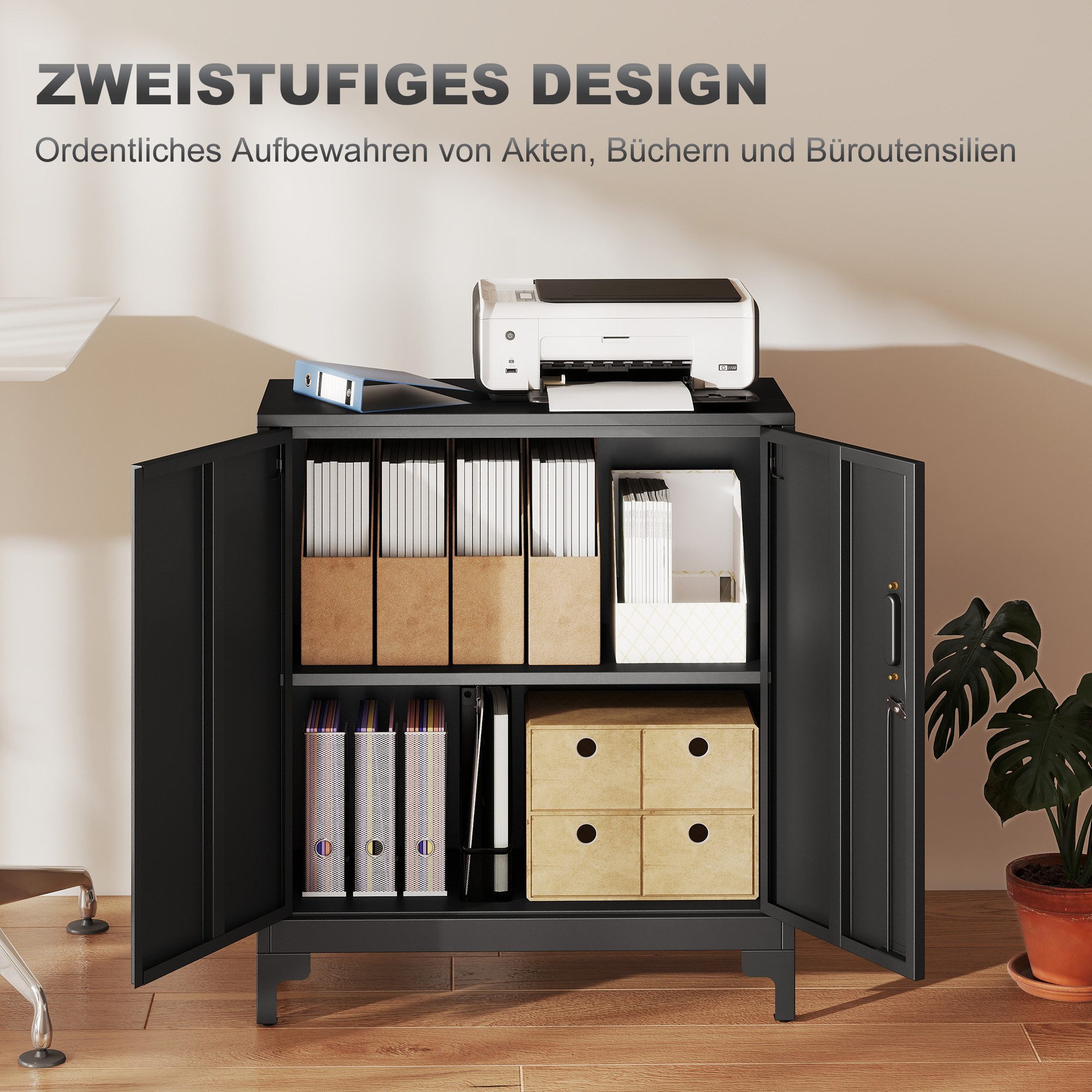 HOMCOM Aktenschrank Büroschrank Abschließbar Mehrzweckschrank mit 2 Ebenen, 2 Türen (Metallschrank, 1-St., Aufbewahrungsschrank) Allzweckschrank 80 x 35 x 91 cm – Bild 4 von 5