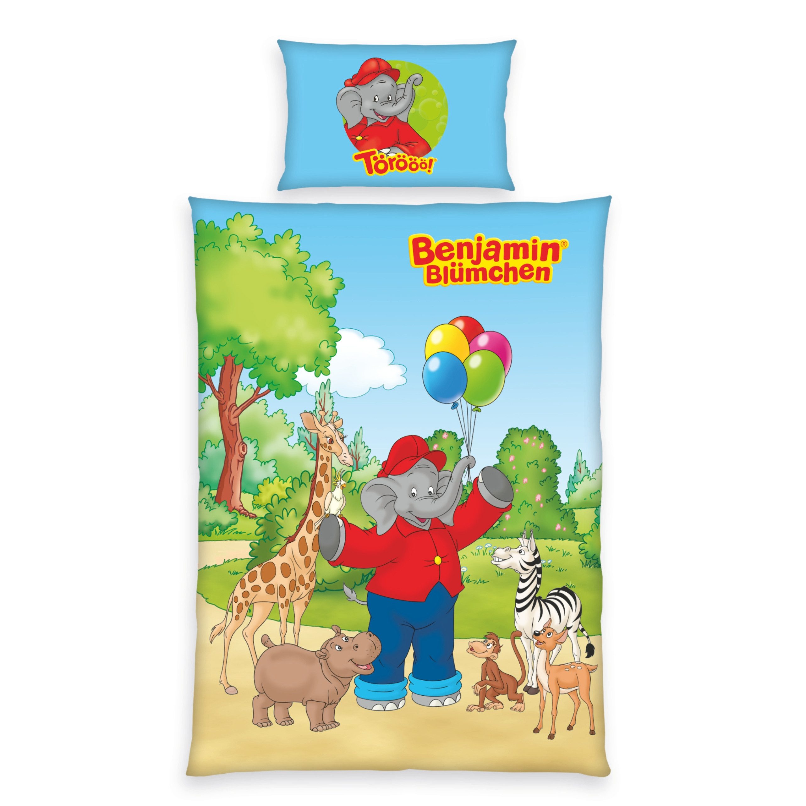 MTOnlinehandel Babybettwäsche Benjamin Blümchen Zoo 100x135 + 40x60 cm Renforcé, Tierfreunde, 100% Baumwolle, 2 teilig, Wendemotiv mit Giraffe, Zebra, Nilpferd und Luftballons