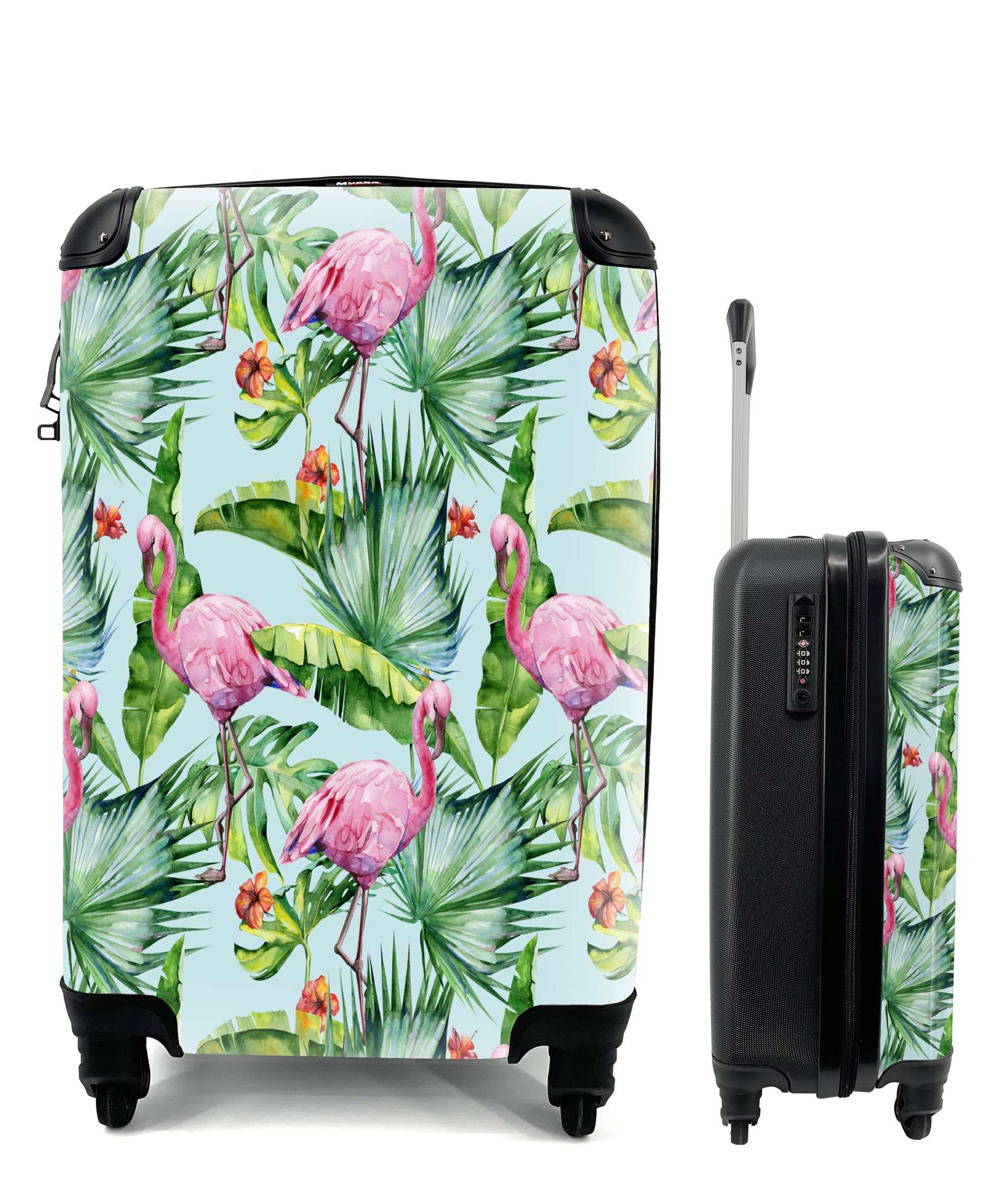 MuchoWow Handgepäckkoffer Blatt - Flamingo - Tropisch, 4 Rollen, Reisetasche mit rollen, Handgepäck für Ferien, Trolley, Reisekoffer