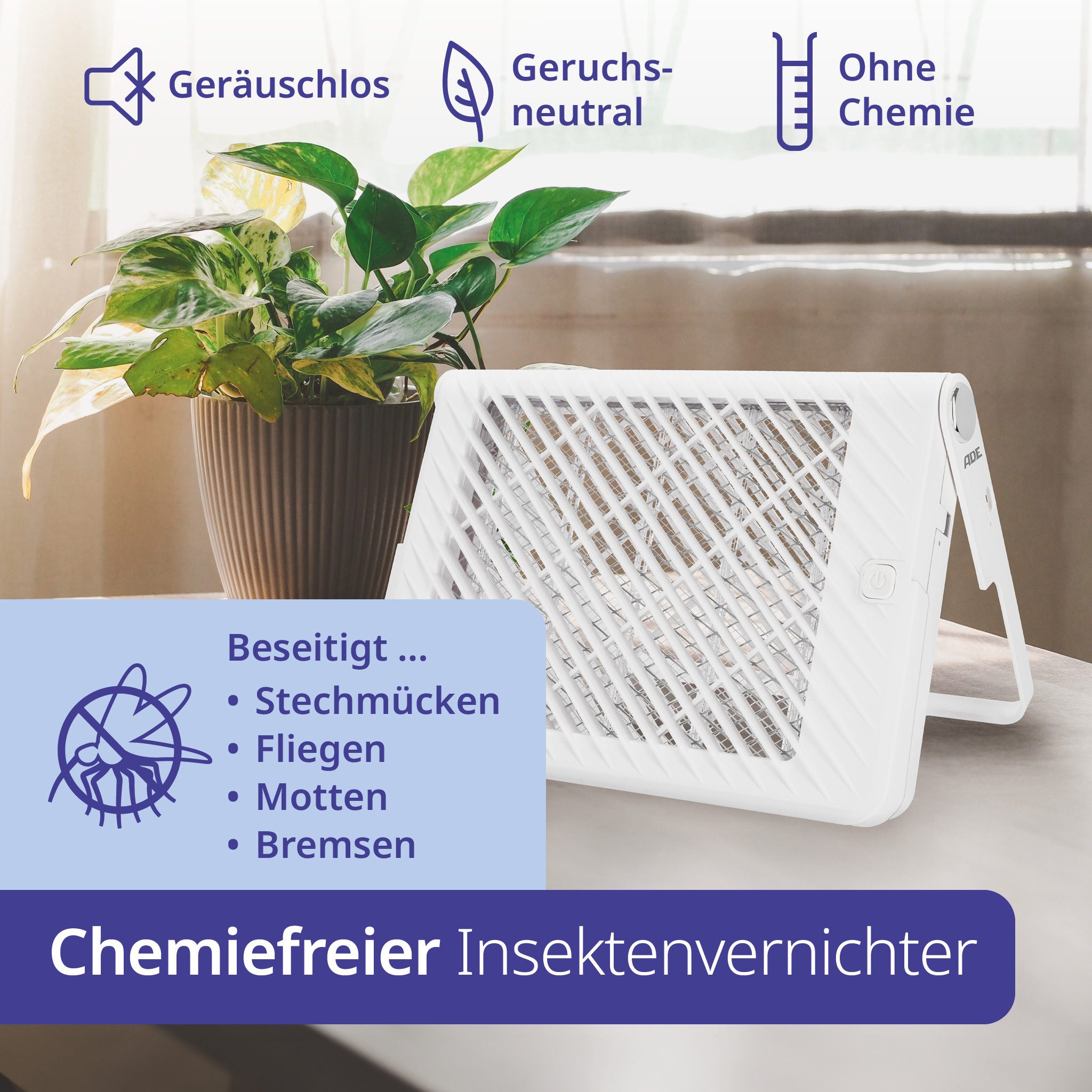 ADE Insektenvernichter akkubetrieben (24 Std. Laufzeit), mit UV-Licht, 3.000 Volt, gegen Schnaken, Gelsen, Moskitos, Stechmücken