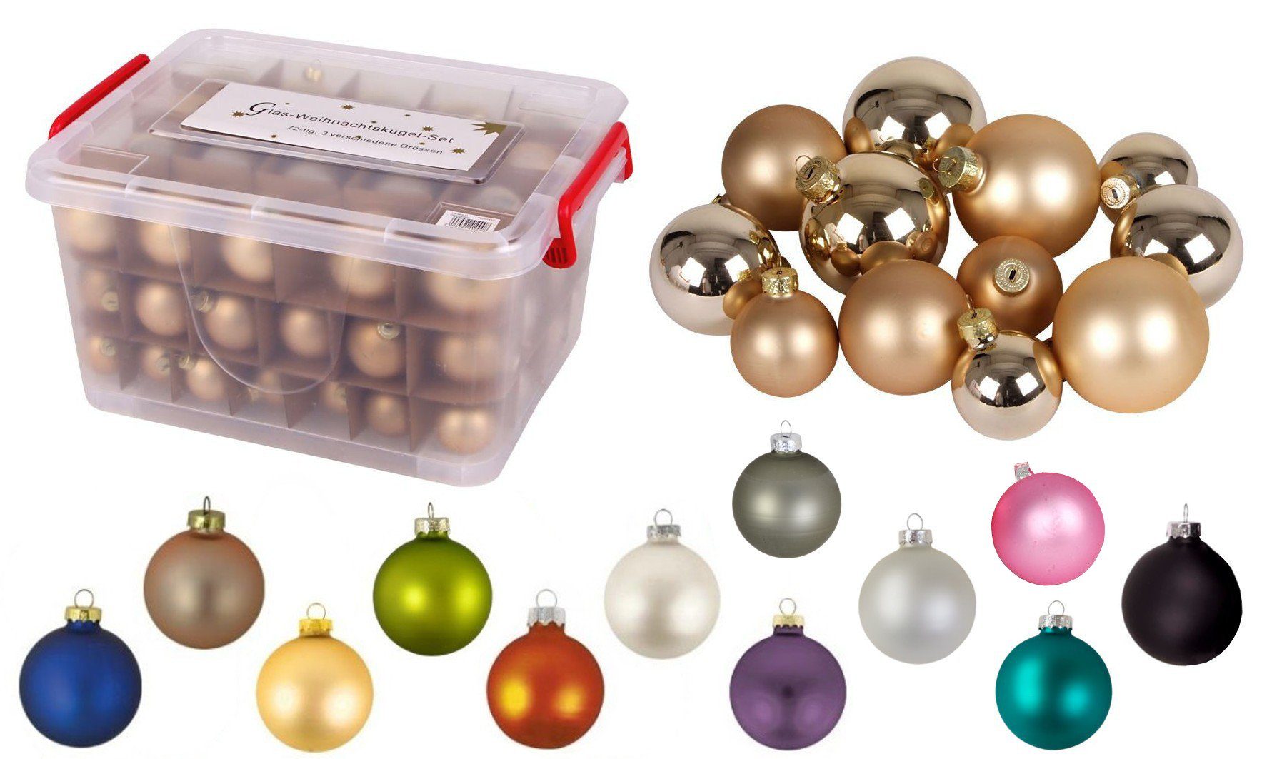 Glas-Weihnachtskugel-Set Box gold Weihnachtsbaumkugeln + 72tlg BURI Deko Weihnachtsbaumkugel