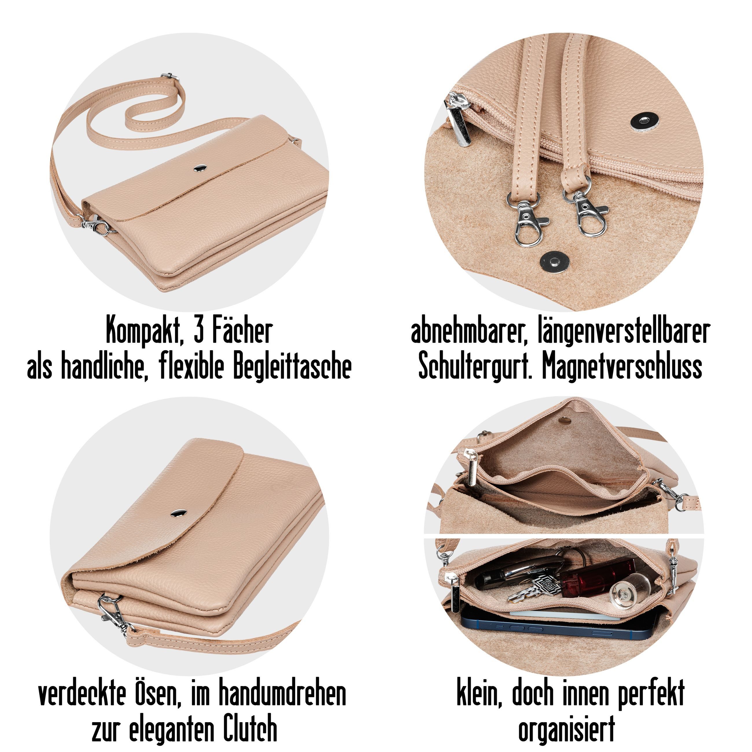 Caspar Umhängetasche Mini Leder Clutch Damen Handtasche - CLASSIC LINE - Modell No.827, leicht, elegant & unempfindlich - 100% Echtleder - Handmade in Italy – Bild 4 von 5