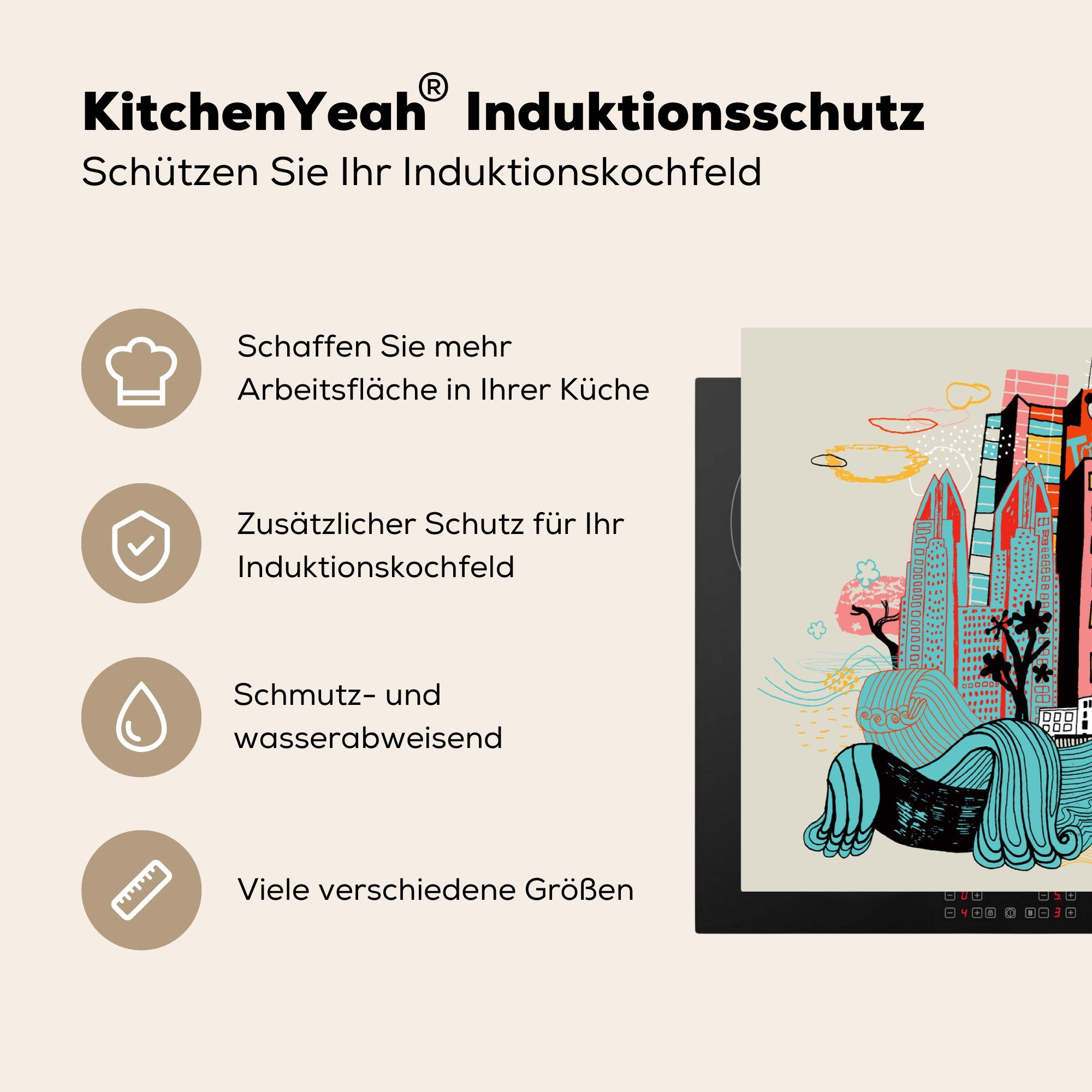 MuchoWow Herdblende-/Abdeckplatte Bunte Illustration von (1 83x51 Tokio, Vinyl, für cm, tlg), Ceranfeldabdeckung, Arbeitsplatte küche