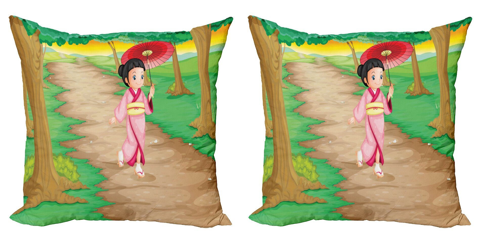 Kissenbezüge Modern Accent Doppelseitiger Digitaldruck, Abakuhaus (2 Stück), Regenschirm-Mädchen Cartoon-Stil Geisha | Kissenbezüge