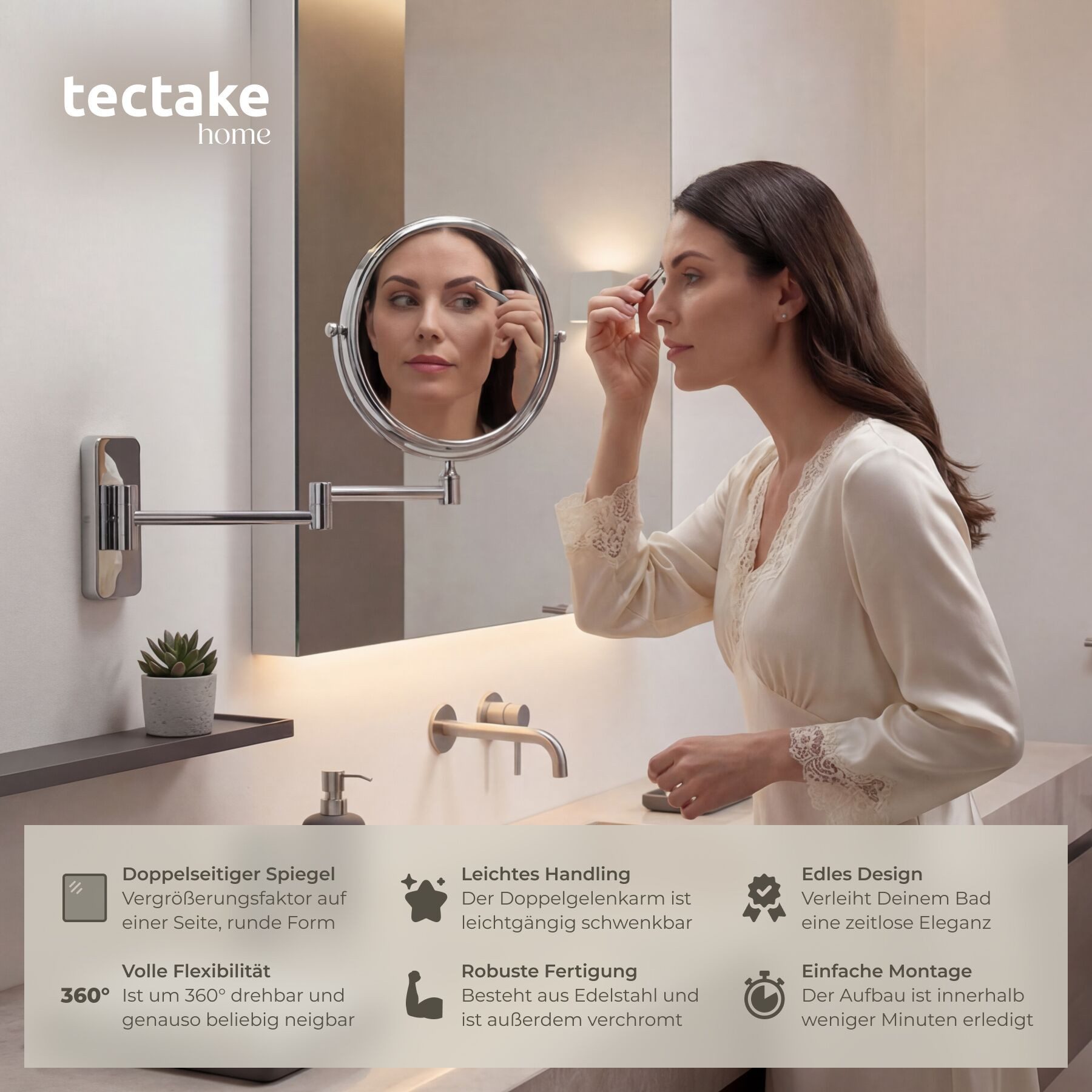 tectake Kosmetikspiegel Rasierspiegel, doppelseitig, Ø 20 cm, 360° neig- und drehbar (Schminkspiegel, in silber), 5-fach Vergrößerung, ausziehbar, verchromter E – Bild 2 von 5