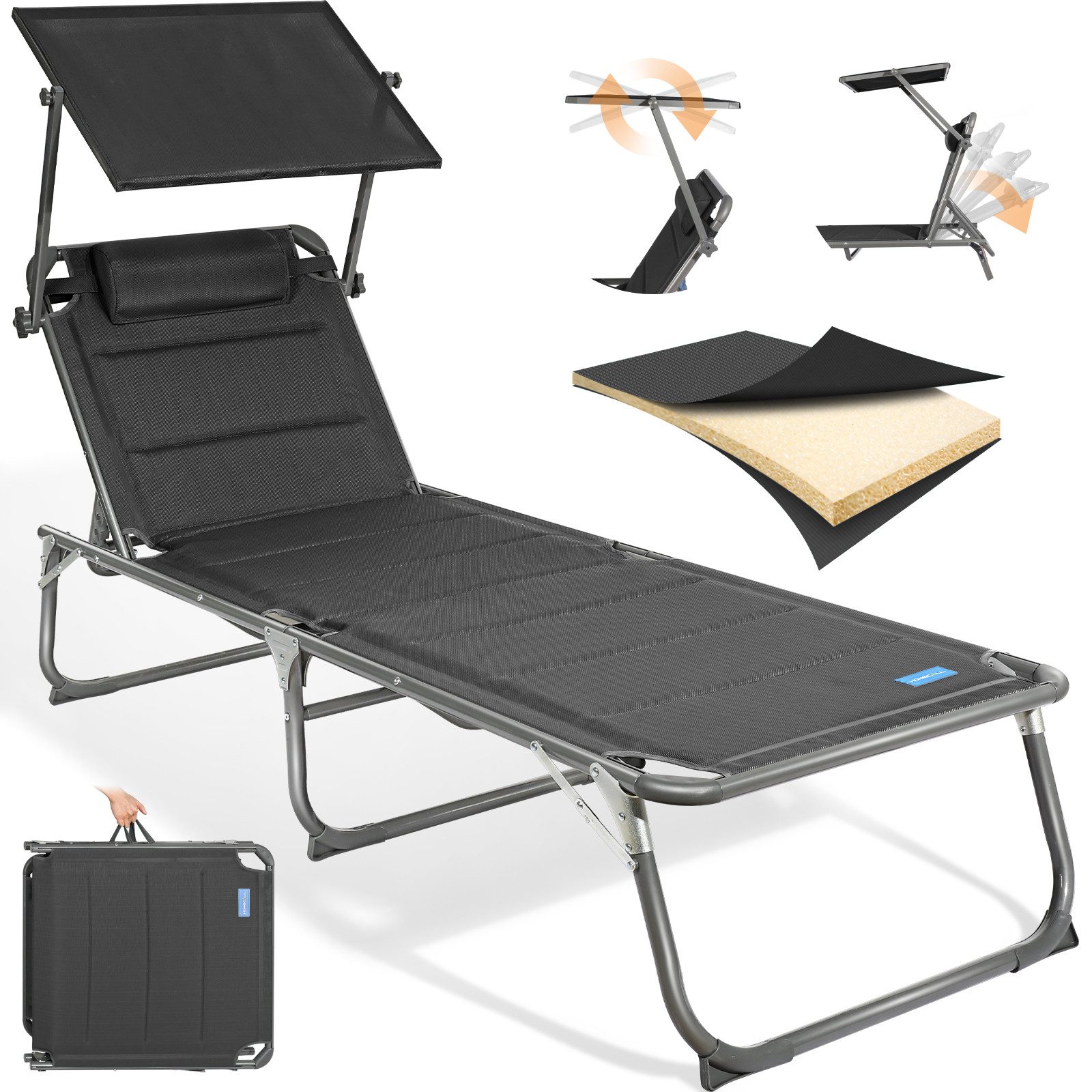 HOMECALL Gartenliege Sonnenliege AluLiege Liegestuhl Strandliege Liegen, klappbar, Textilene Mit Dickem Schwamm, Verstellbare Rückenlehne, Sonnenblende, Kopfpolster, bis 180KG
