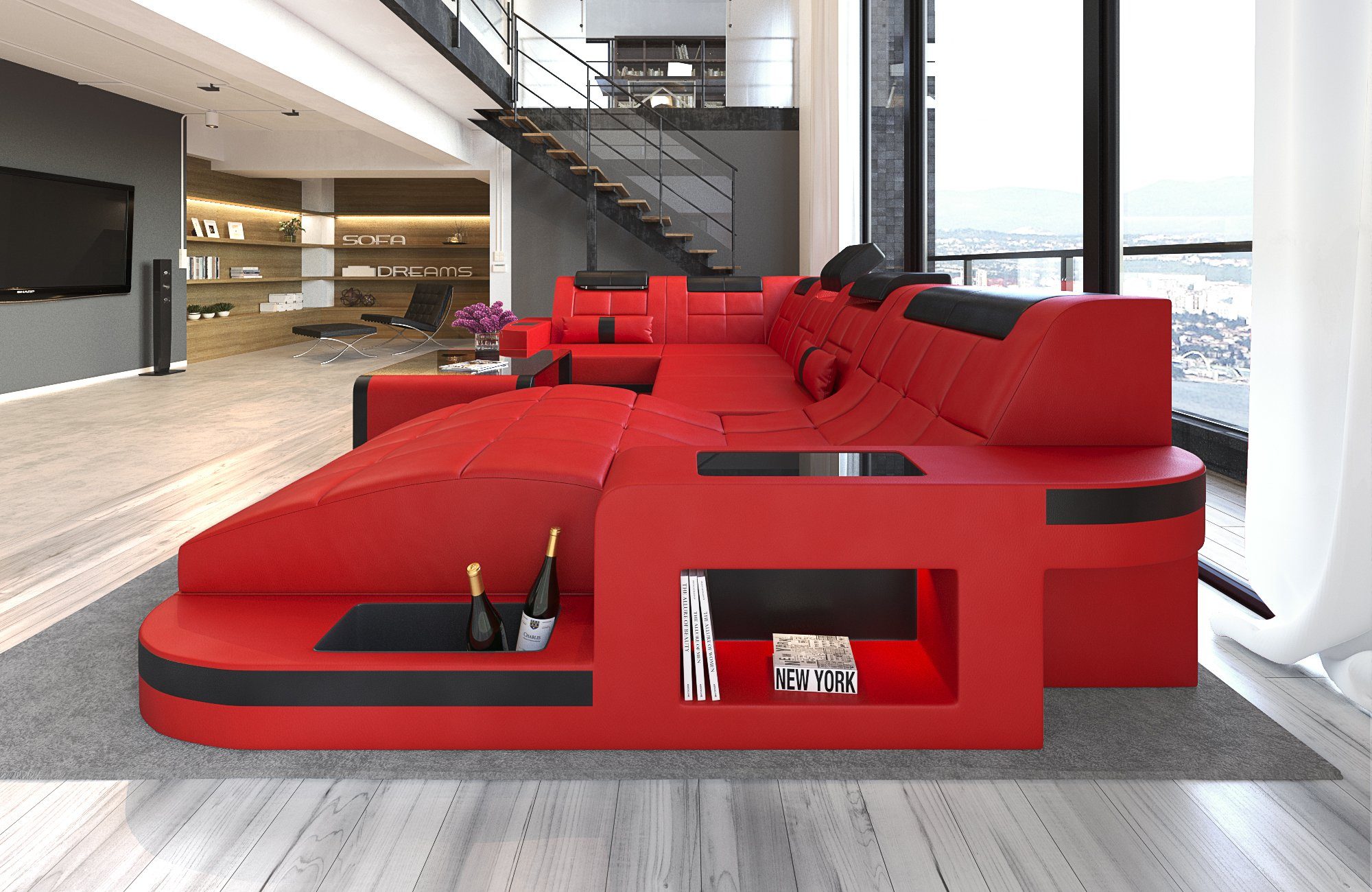 Sofa Dreams Wohnlandschaft Leder Ledercouch Sofa Wave U Form Ledersofa, Couch, mit LED, wahlweise mit Bettfunktion als Schlafsofa, Designersofa