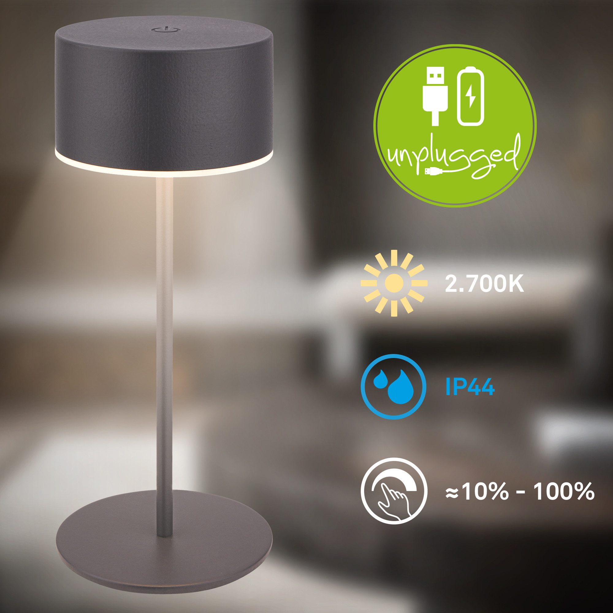 Briloner Leuchten LED Tischleuchte Tischleuchte kabellos Akku dimmbar Touch, LED fest integriert, Warmweiß