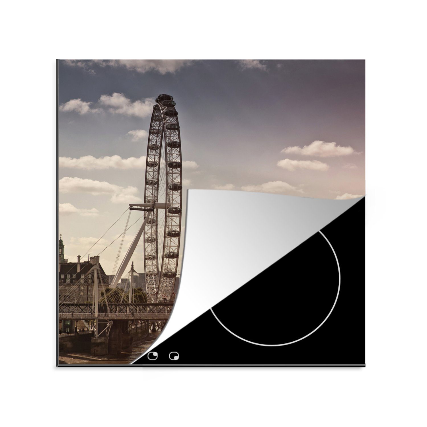 MuchoWow Herdblende-/Abdeckplatte London - London Eye - Brücke - Riesenrad, Vinyl, (1 tlg), 78x78 cm, Ceranfeldabdeckung, Arbeitsplatte für küche