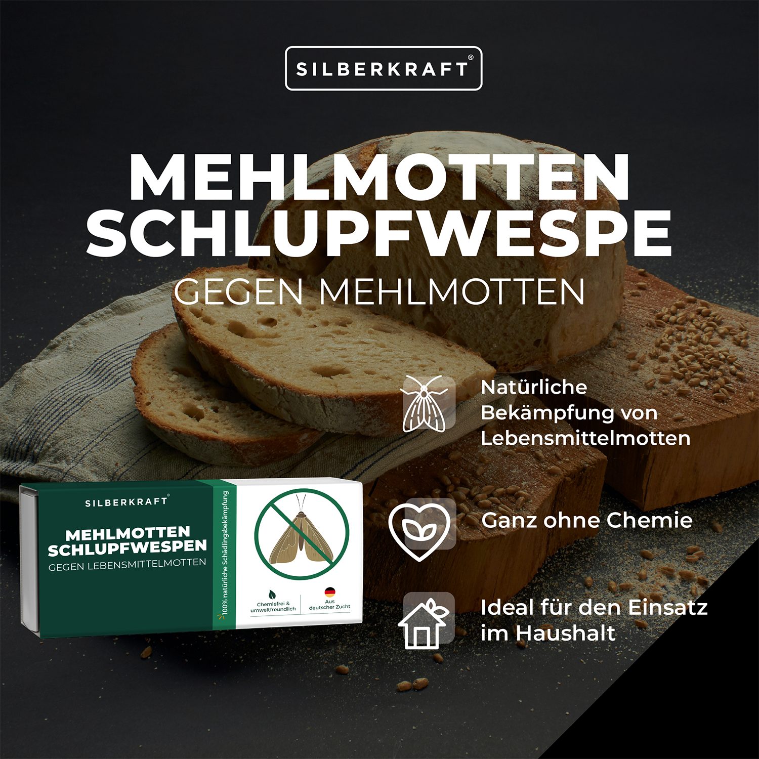 Silberkraft Insektenvernichter Mehlmottenschlupfwespen, biologische Motten- und Larvenbekämpfung, Mehlmotten, Dörrobstmotten, Speichermotten, Getreide- und Wachsmotten