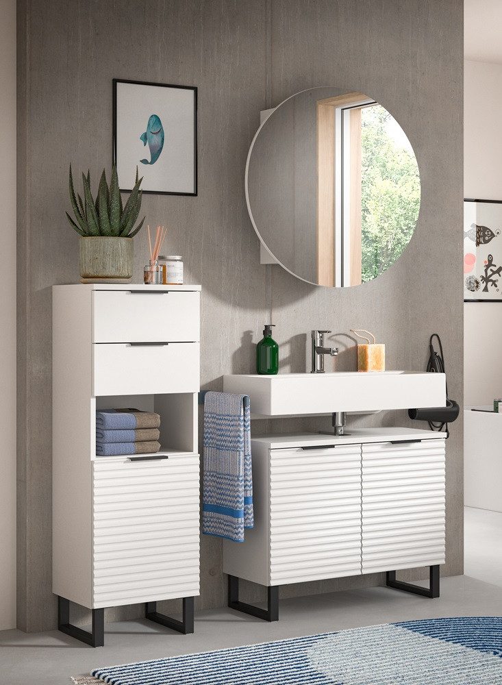 xonox.home Badmöbel-Set Badezimmer-Set Riff 1, weiß, 3-teilig ohne Beleuchtung, (3-St), hochwertige Rillenoptik mit Kufenfuß