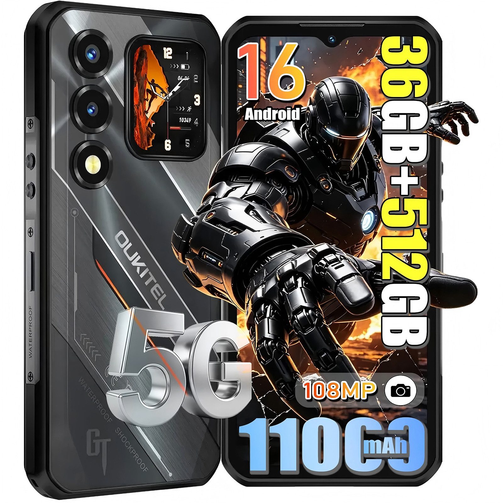 OUKITEL WP66 5G Android 16 Outdoor Smartphone (16,76 cm/6.6 Zoll, 512 GB Speicherplatz, 108 MP Kamera, 6,6'' Display, 36GB+512GB, IP68/IP69K, 11000mAh, NFC, OTG)
