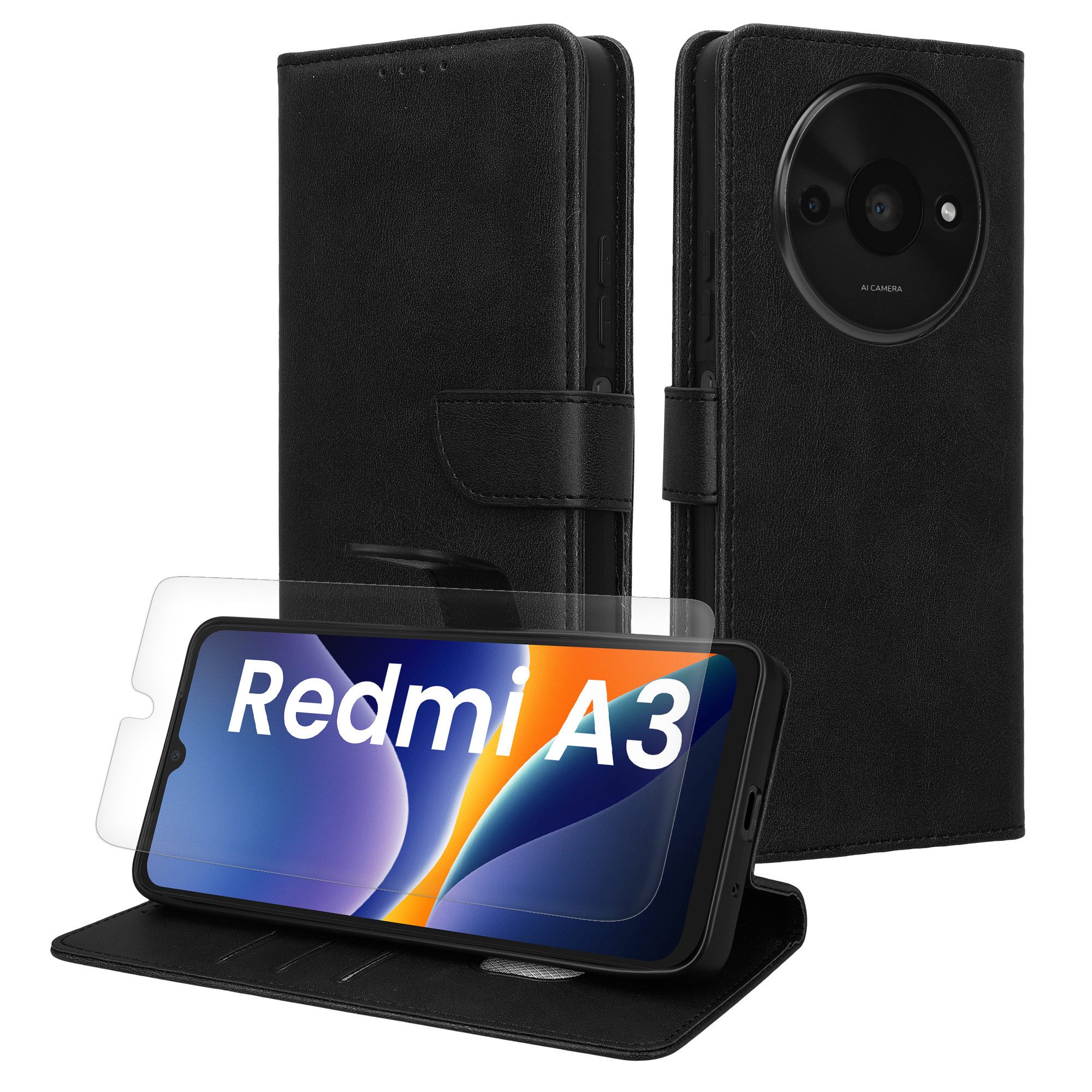 kwmobile Smartphone-Hülle Kunstleder Handyhülle für Xiaomi Redmi A3 Hülle, Brieftaschen Schutzhülle aus PU-Leder mit Displayschutz