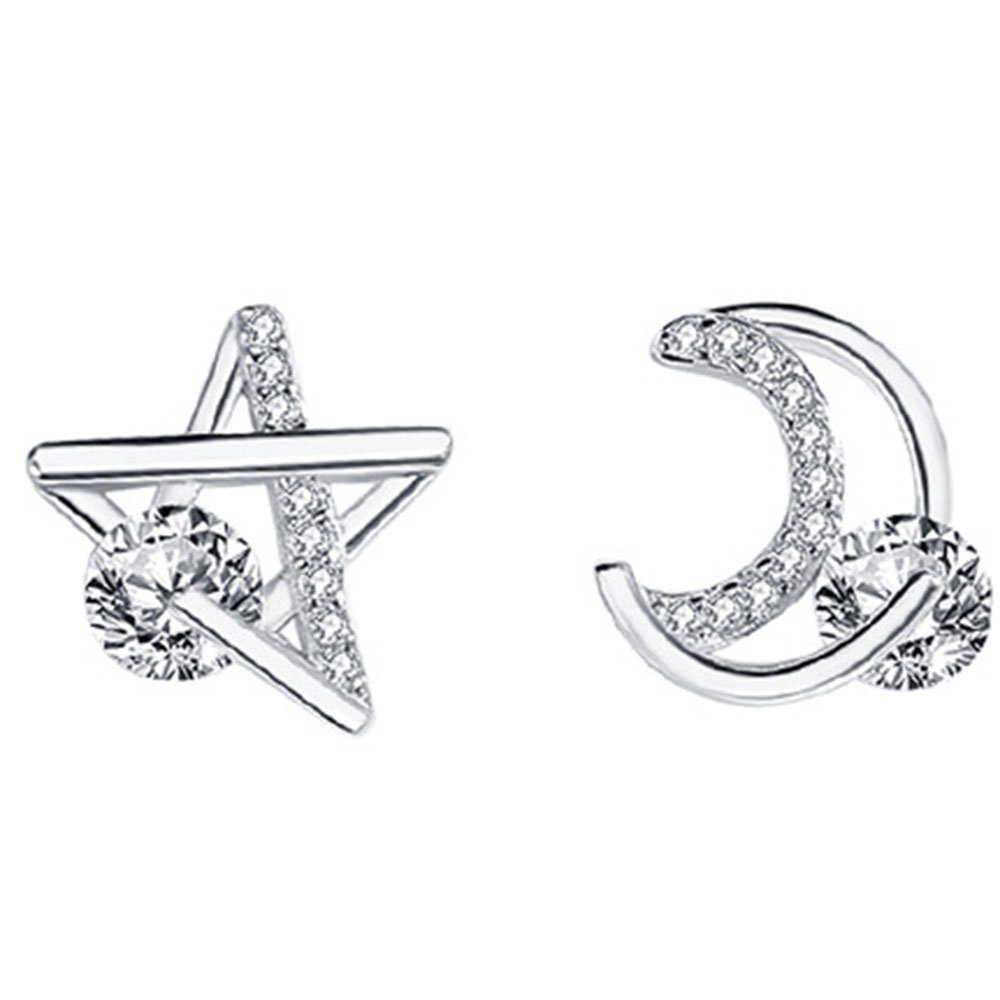 Haiaveng Paar Ohrhänger s925 Sterling Silber Ohrringe, Sterne und Mond Ohrstecker für Damen, Asymmetrische Ohrringe silvery