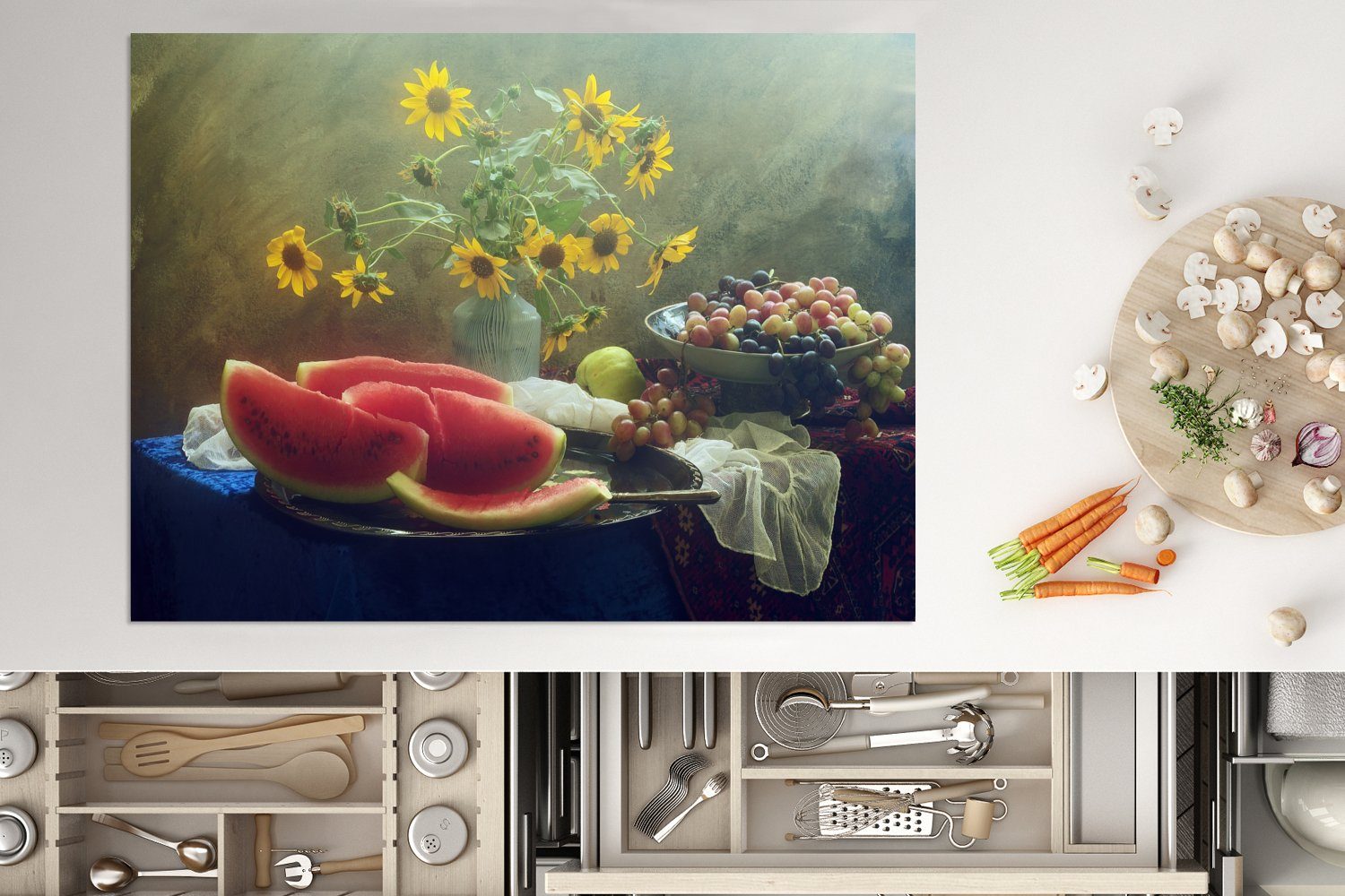 Sonnenblume MuchoWow Vinyl, - (1 - tlg), Ceranfeldabdeckung Obst Gemälde Herdblende-/Abdeckplatte cm, Mobile - - Vase Wassermelone - Arbeitsfläche 70x52 nutzbar, Stillleben -,