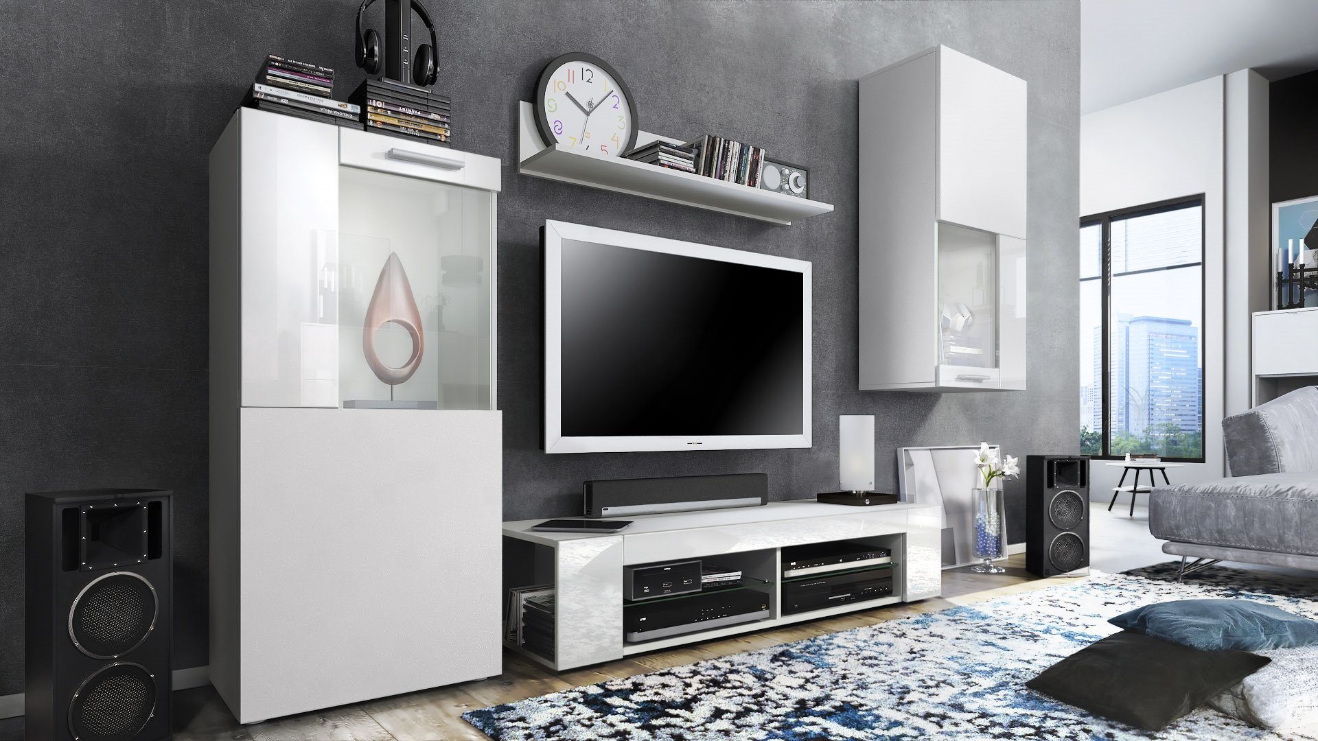 Vladon Wohnwand Movie, (Anbauwand, bestehend aus 1 TV-Board, 2 Vitrinen und 1 Regal), Weiß matt/Weiß matt/Weiß Hochglanz (Gesamt: 300 x 190 x 39 cm)