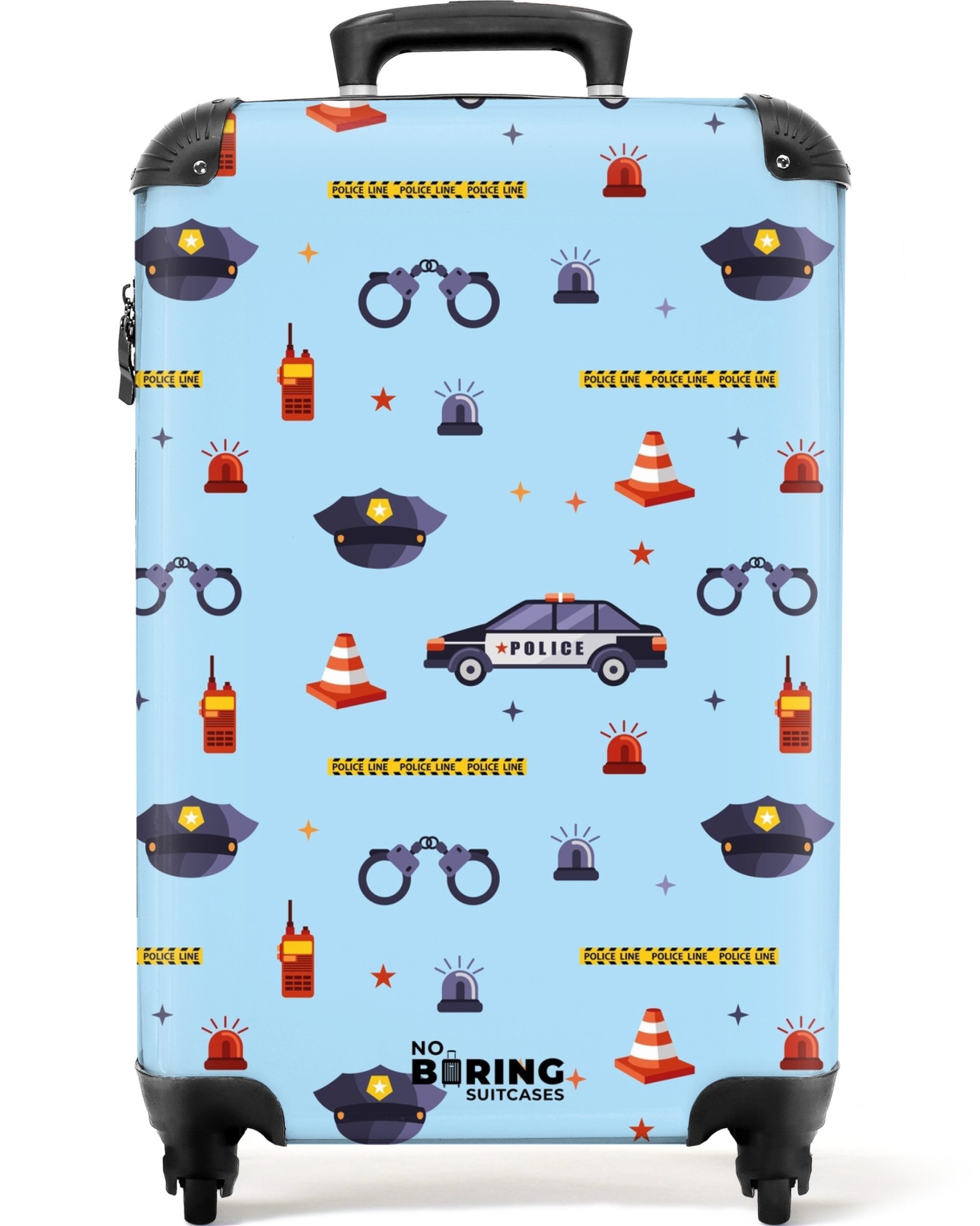 NoBoringSuitcases.com© Kinderkoffer Polizei- und Sicherheitsmuster auf hellblau 55x35x20cm, Kinder Koffer Klein, Trolley Handgepäck, Reisekoffer