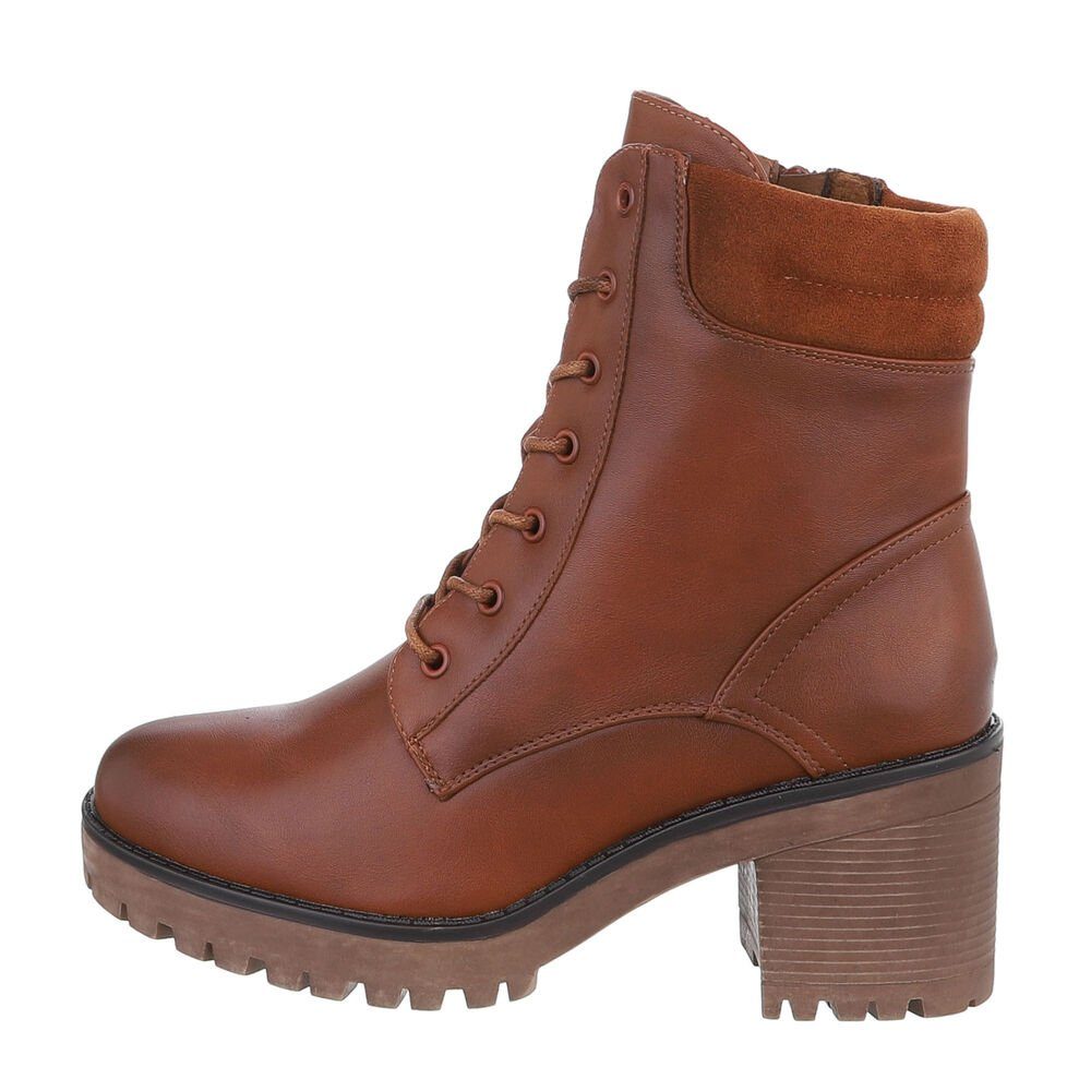 Ital-Design Damen Schnürschuhe Freizeit Schnürstiefelette Blockabsatz High-Heel Stiefeletten in Camel