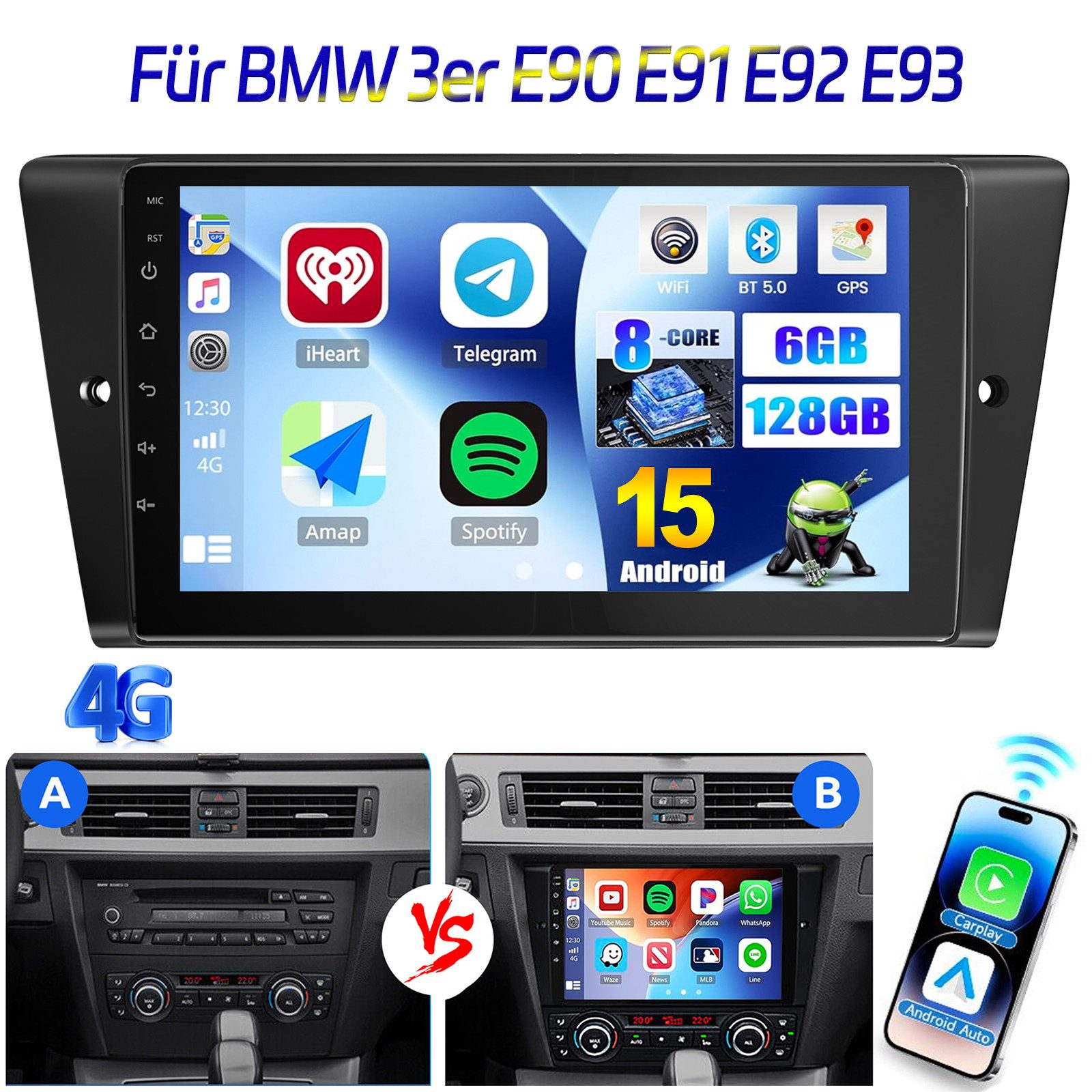 ESSGOO 6+128G Für BMW 3er E90 E91 E92 E93 Android 15 Carplay GPS Navi WIFI Autoradio (RDS, 6GB+128GB, FM, AM, DAB+ (optional), Apple Carplay & Android Auto,Touchscreen Bluetooth,RDS)