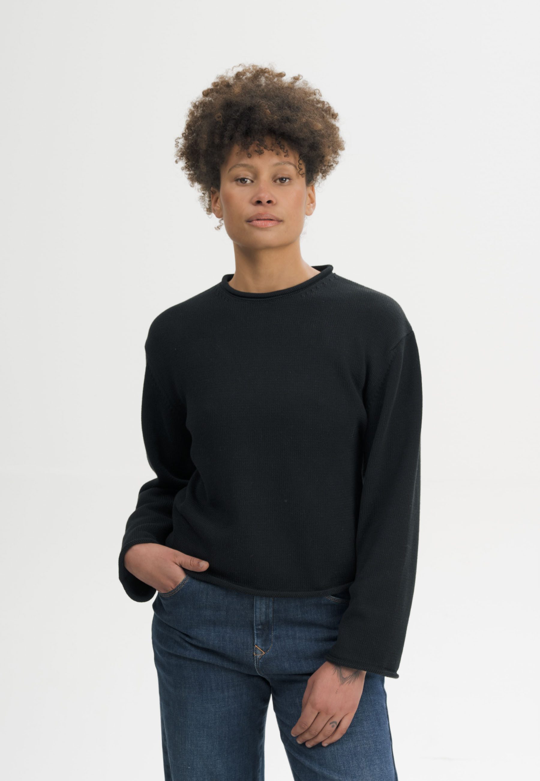 MELA Strickpullover Rollsaum Strickpullover Style GEETHA Gerollter Kragen, Saum und gerollte Bündchen