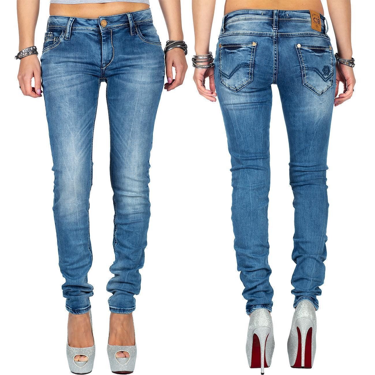 Cipo & Baxx Slim-fit-Jeans Damen Slim Fit Hose Stonewashed BA-WD344 Rosegoldene Knöpfe – Bild 5 von 5