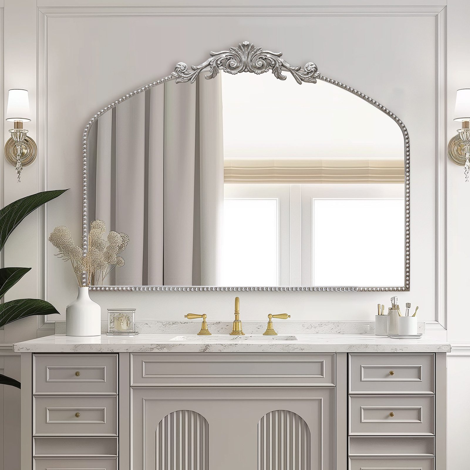 G-LEAF Spiegel Wandspiegel/Ganzkörperspiegel im Barockstil, mit Perlenverzierung (1-St), mit verschlungenen Mustern, 102×76cm, Vintage-Silber
