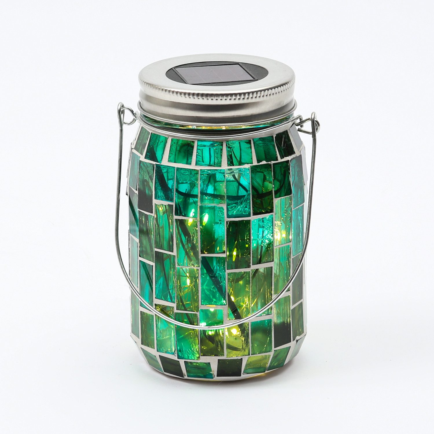 MARELIDA LED Solarleuchte LED Solar Glas Einmachglas mit Mosaik Tischleuchte Lichtsensor grün, LED Classic, warmweiß (2100K bis 3000K)