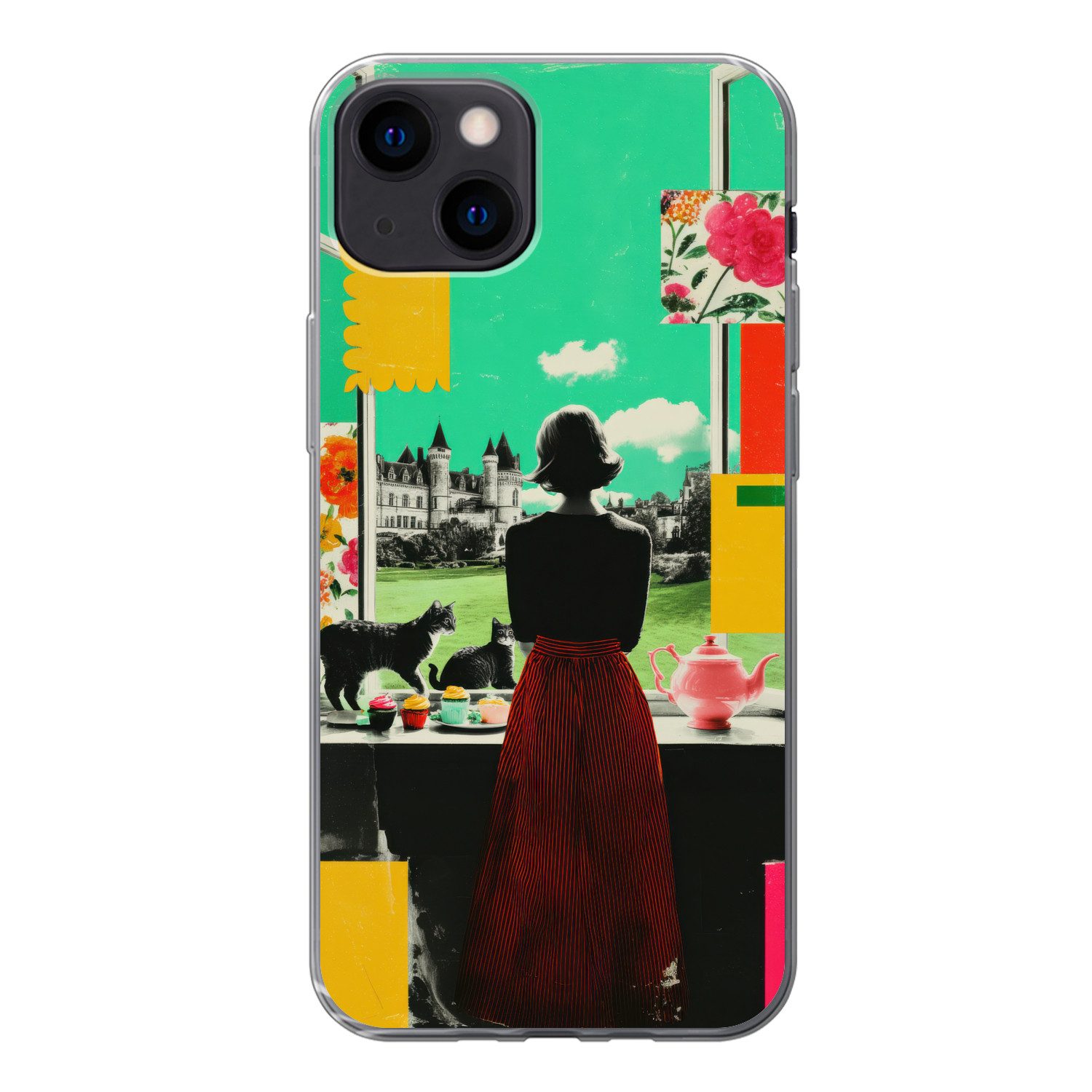 MuchoWow Handyhülle für Apple iPhone 13 Frau - Küche - Katzen - Durchsichtig, Smartphone-Bumper, Print, Handy Schutzhülle Dünn