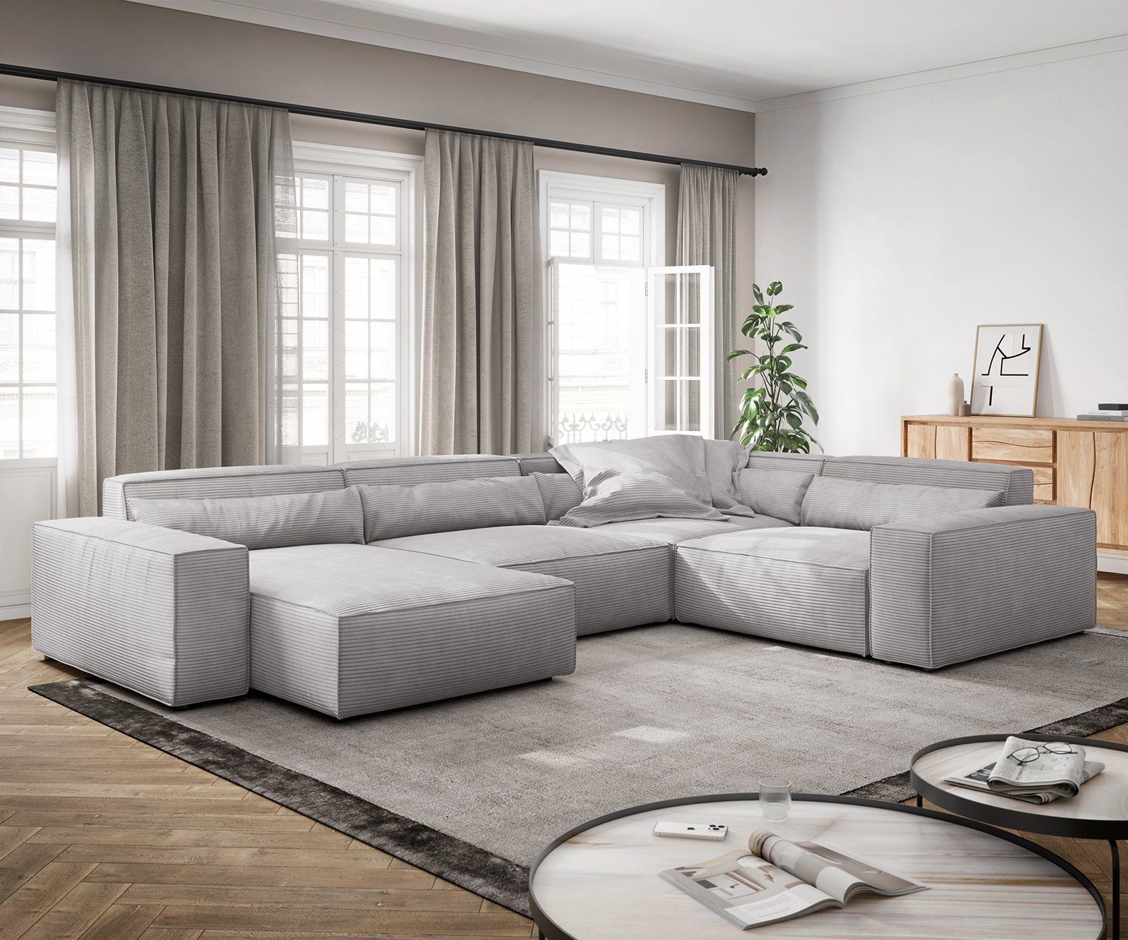DELIFE Big-Sofa Sirpio, XL Cord Silbergrau 360x260 cm Recamiere variabel