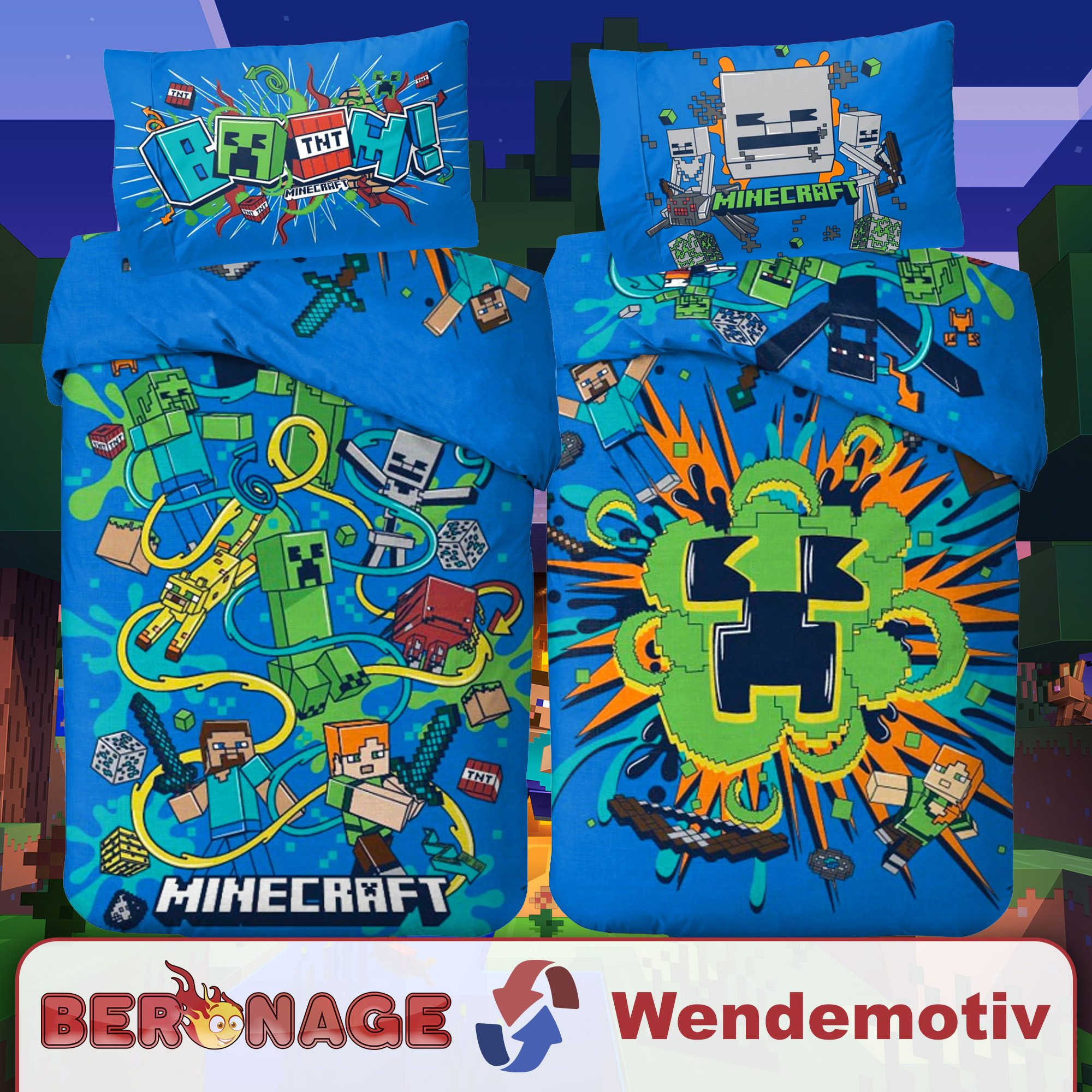 BERONAGE Wendebettwäsche Minecraft Bettwäsche Slurp Blast Biber / Flanell, Baumwolle, 2 teilig, 135x200 + 80x80 cm