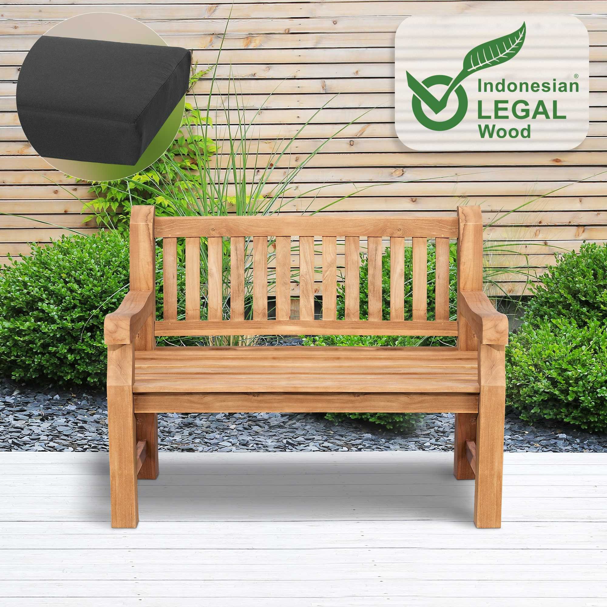 furnicato Gartenbank Naturholz Bank Jackson mit Sitzkissen 120 cm dunkelgrau (1-St), Ergonomische Sitzbank mit abnehmbarem Kissen für deinen Garten