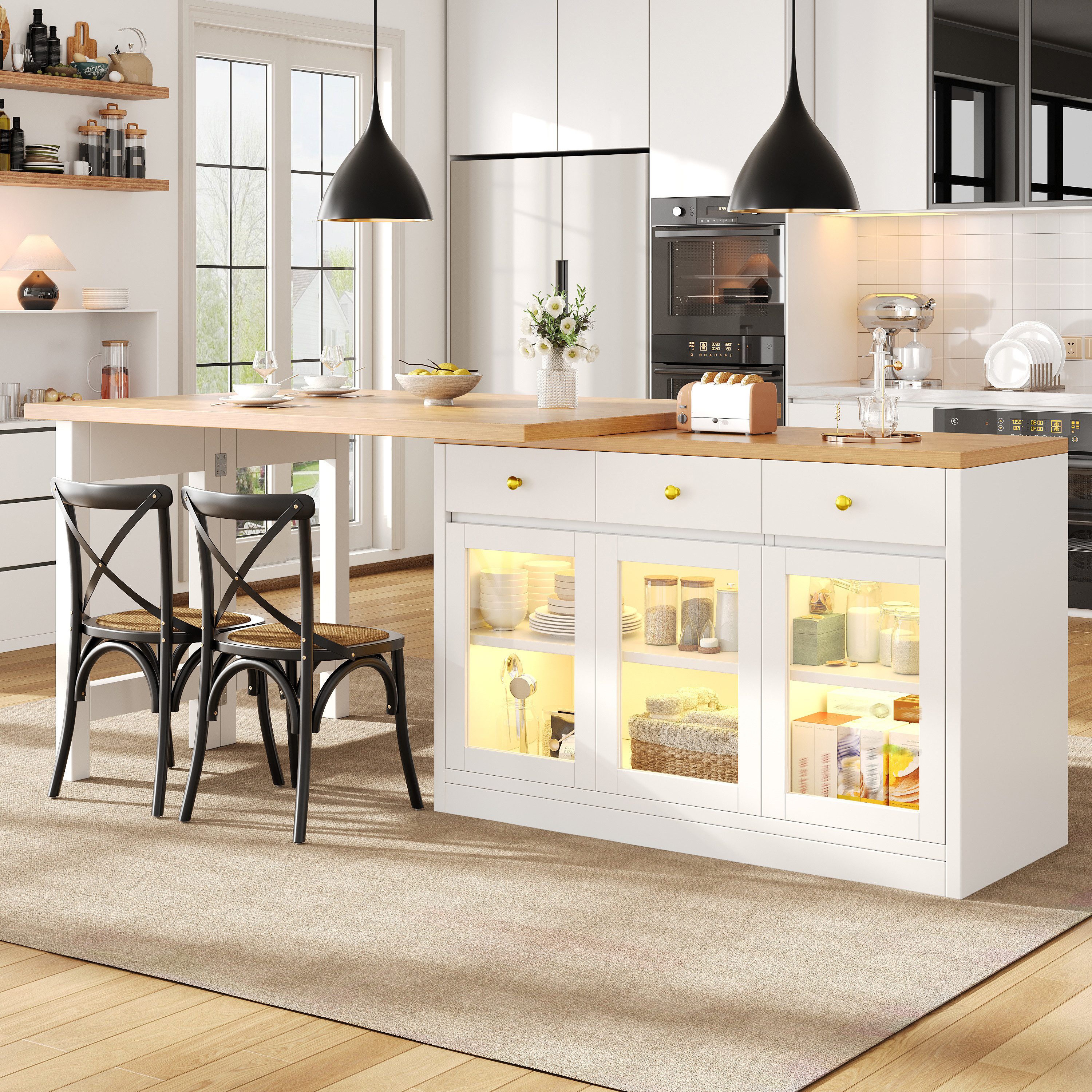 Flieks Kücheninsel Küchenschrank mit 360° drehbarer und klappbarer Arbeitstisch, (Holzoptik Tischplatte Tiefe 40-80cm, Längenverstellbar 120-200cm), ausziehbarer Esstisch & Mehrzweckschrank mit Led-Beleuchtung Weiß