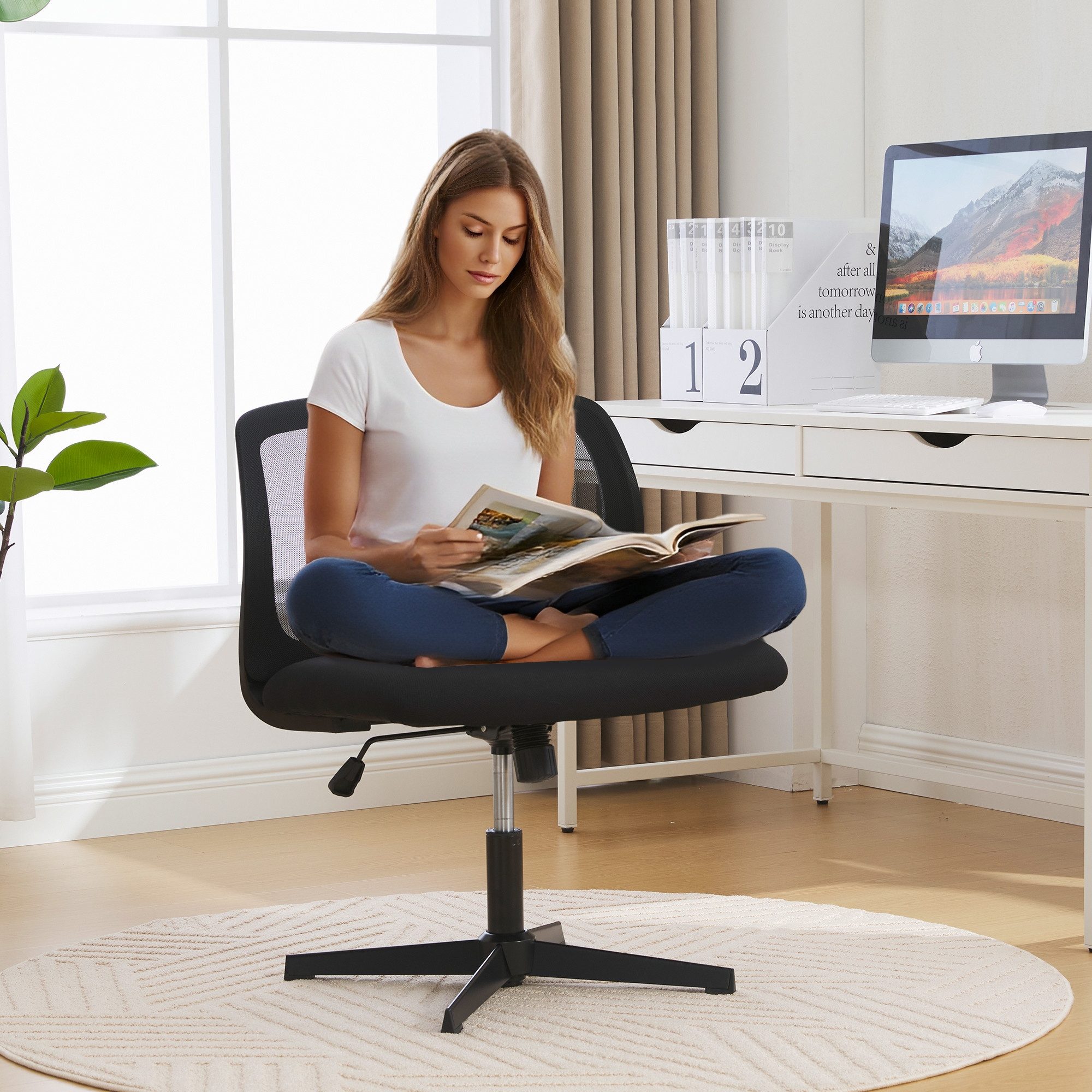 LVHOM Bürostuhl Armloser Drehstuhl, 61cm Breitsitz(jeder Körpertyp), Höhenverstellbar (360°drehbar, 20°neigbar Wippfunktion, gekreuzten Beinen. Ergonomisch, Wählbar zwischen Mesh(atmungsaktiv)-/ Velours(Winterkomfort)-Bezug, mit Stahlbeinen in Schwarz/Weiß. Bis 200kg, Rückendruckentlastung durch U-Form), Schneidersitz. Für Make-up, Lesen, Gaming, Büro, Homeoffice, Leseecke