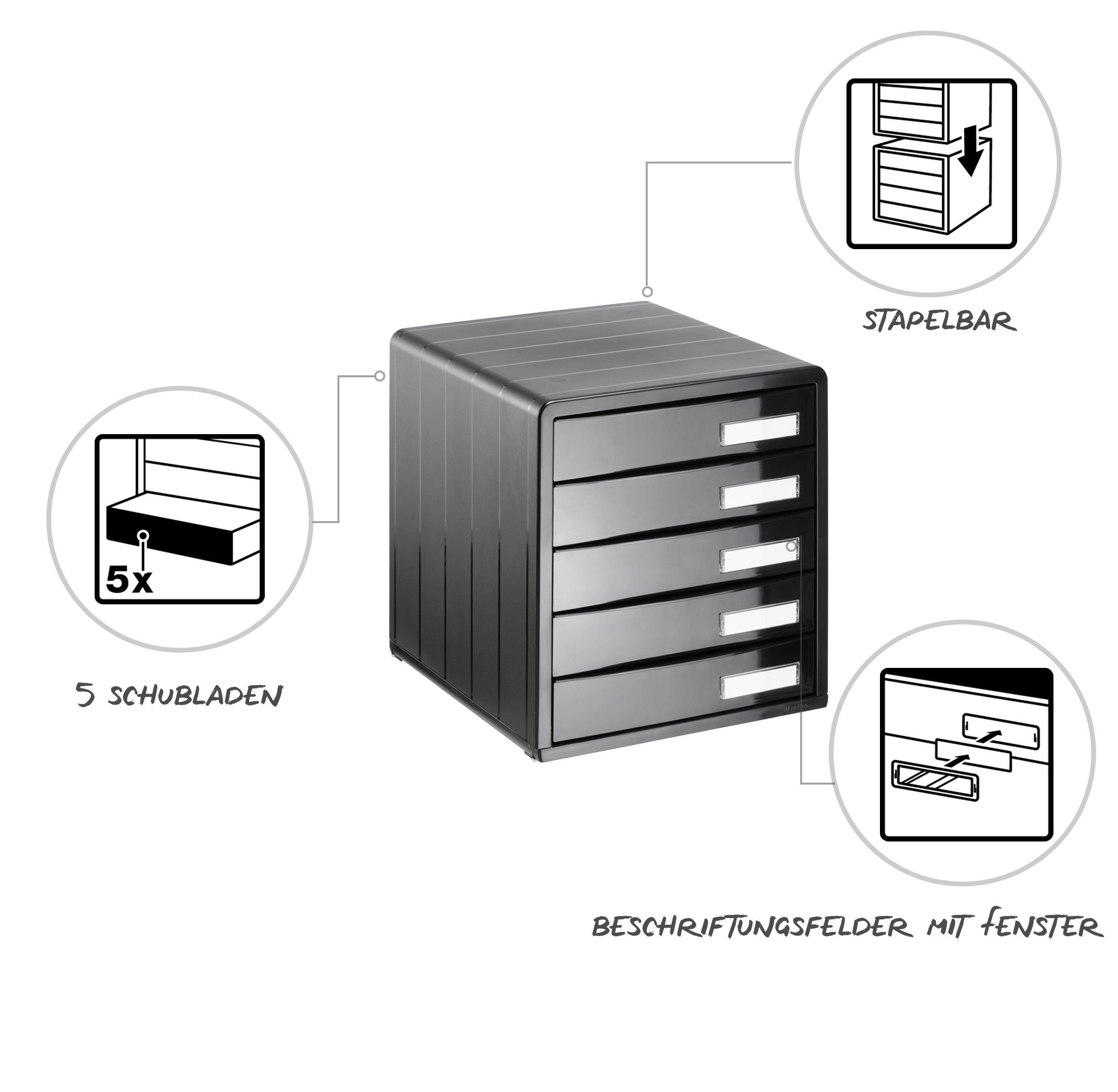 ROTHO Schubladenbox Timeless Schubladenbox mit (PS) 5 Bürobox Schüben, Kunststoff BPA-frei