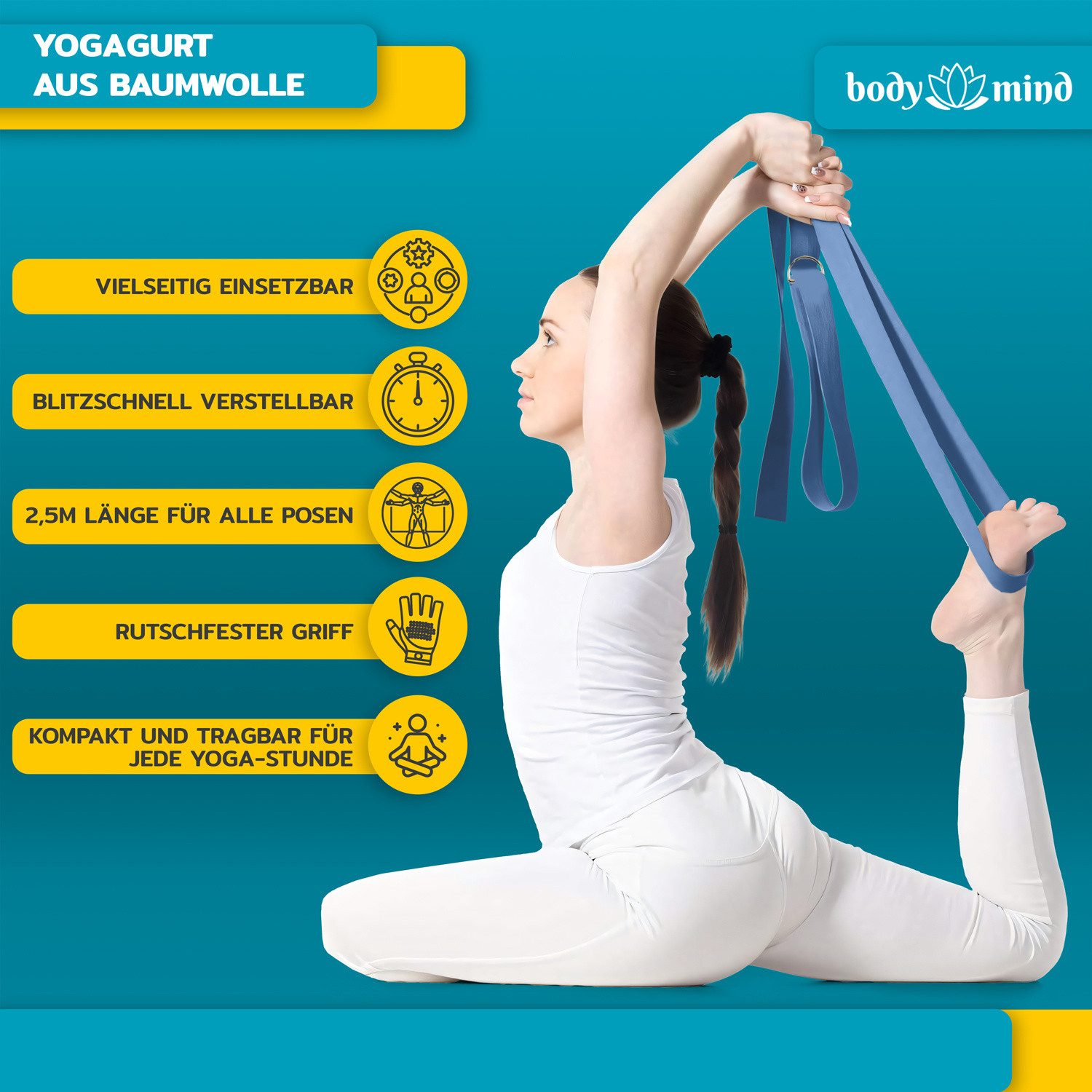 Body & Mind Yogagurt Body & Mind Yogagurt – Baumwolle Yoga Band mit D-Ring für Dehnung, Yoga-Band mit D-Ring-Verschluss