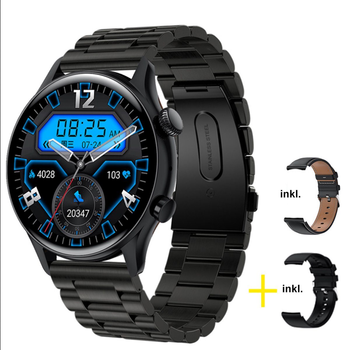 TPFNet SW28 mit Edelstahl Armband + Kunstleder & Silikon Armband Smartwatch  (Android), individuelles Display - Armbanduhr mit Musiksteuerung,  Herzfrequenz, Schrittzähler, Kalorien, NFC Zutrittskontrolle etc. - Schwarz