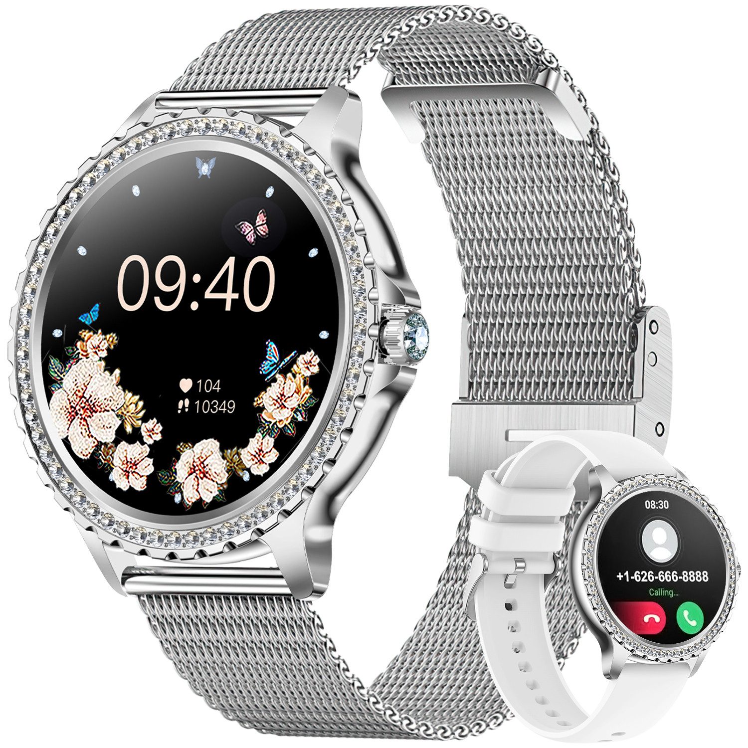 MOPUEA Smartwatch Damen mit Telefonfunktion 1.3" Diamant Fitnessuhr Damen Smartwatch Set, 1-tlg., Über 20 Sportmodi und individuell anpassbare Zifferblätter, 1,3-Zoll-HD-Touchscreen mit 360 × 360 Pixeln