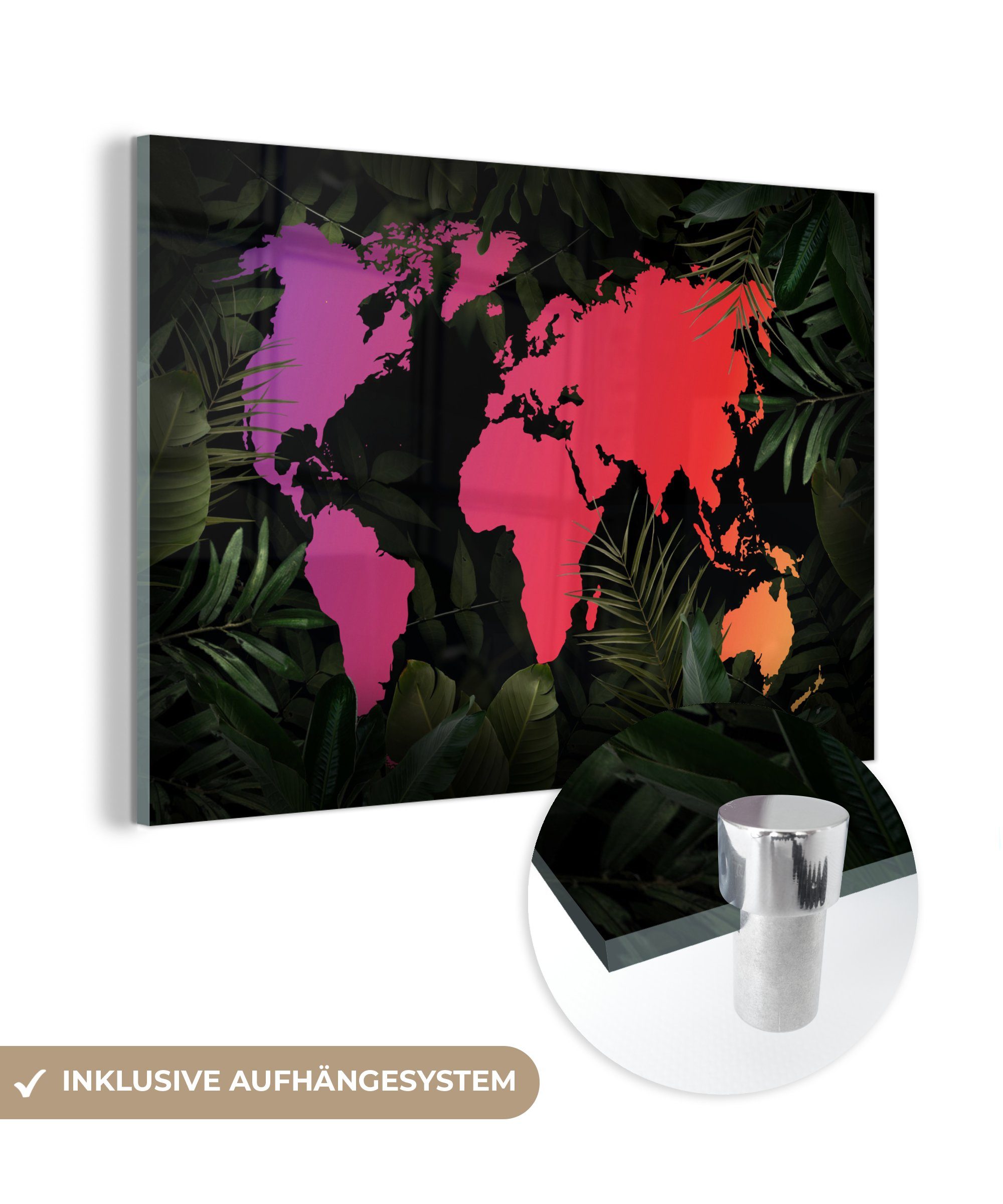 MuchoWow Acrylglasbild Weltkarte - Farben - Pflanzen, (1 St), Glasbilder - Bilder auf Glas Wandbild - Foto auf Glas - Wanddekoration