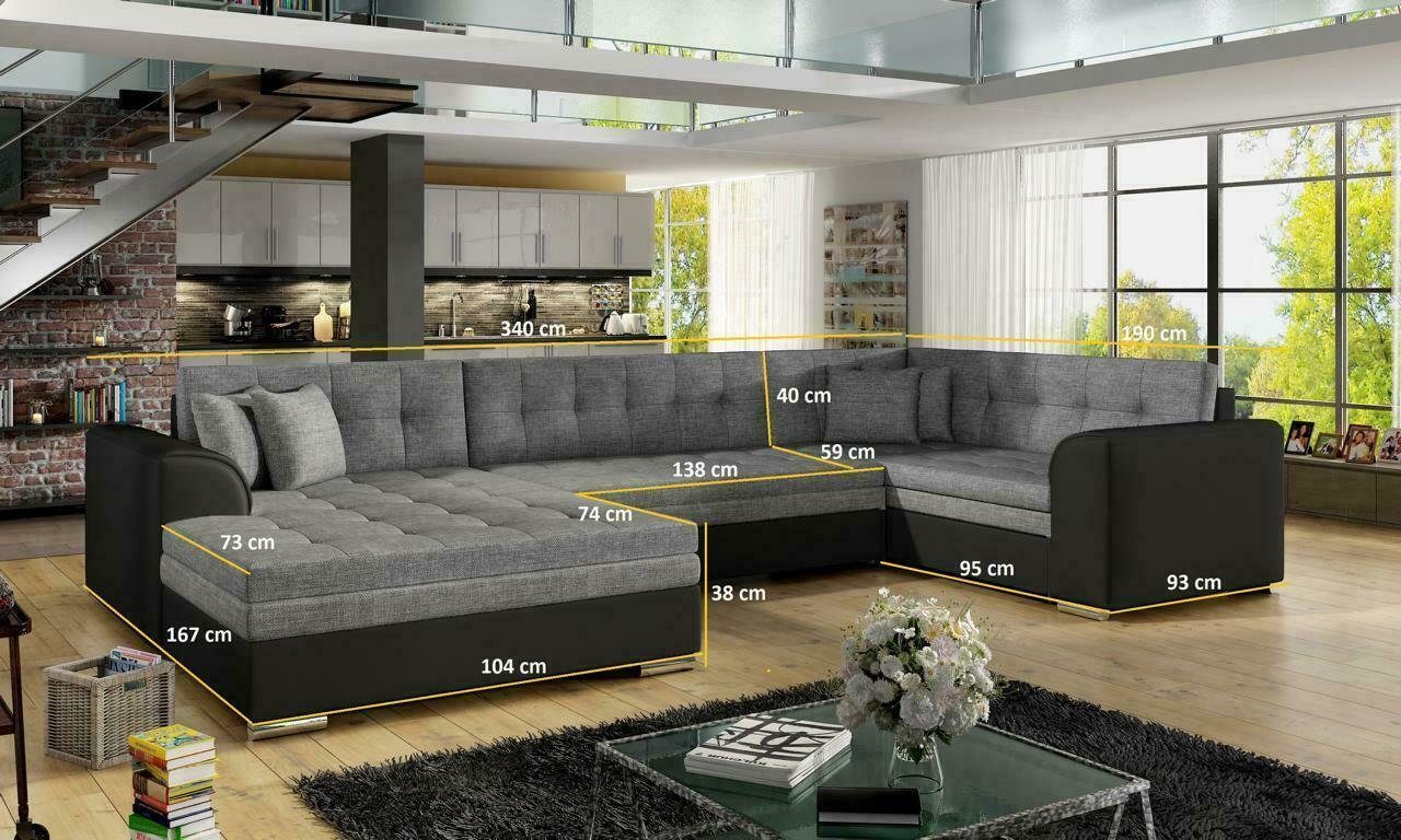 Mit Ecksofa Bettfunktion Design Schlafsofa Bettfunktion Polster, Ecksofa Leder Couch JVmoebel Grau/Schwarz Textil