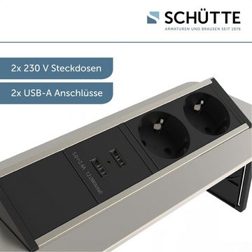 Schütte E2 Einbau-Tischsteckdosenleiste 2-fach (Klappendeckel, Schutzkontaktstecker, Kabellänge 2,3 m), versenkbar, 2-fach und 2 x USB