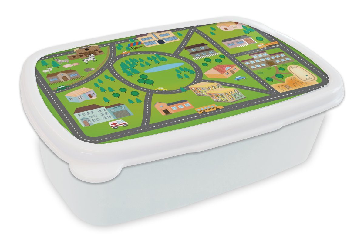 MuchoWow Lunchbox Kreisverkehr - Gebäude - Auto - Kinder - Grün, Kunststoff, (2-tlg), Brotbox für Kinder und Erwachsene, Brotdose, für Jungs und Mädchen weiß