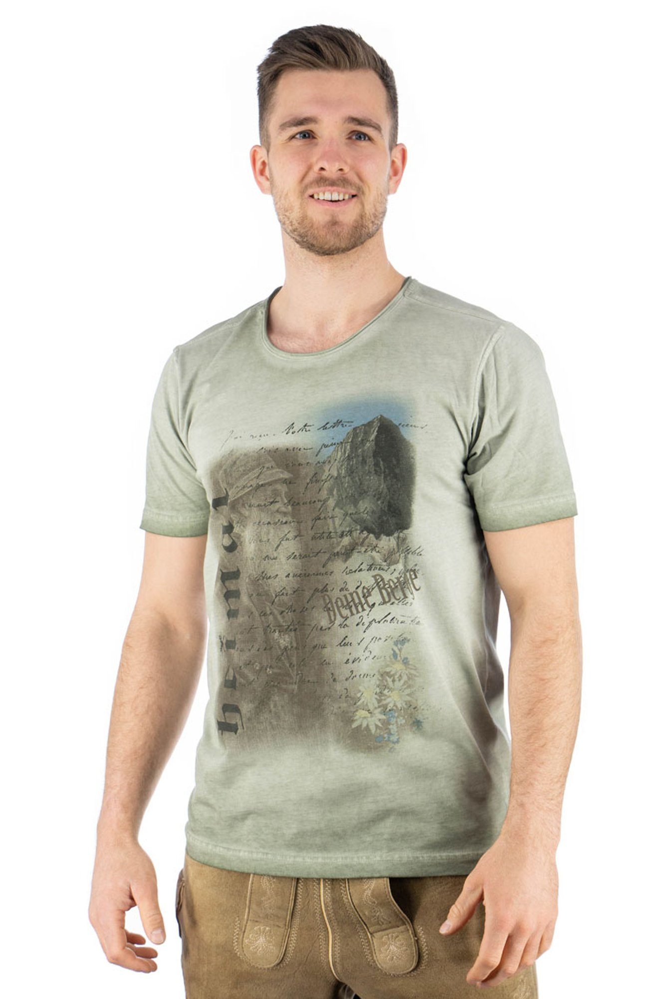 Motivdruck T-Shirt khaki/schlamm Trachtenshirt OS-Trachten Praiol Kurzarm mit