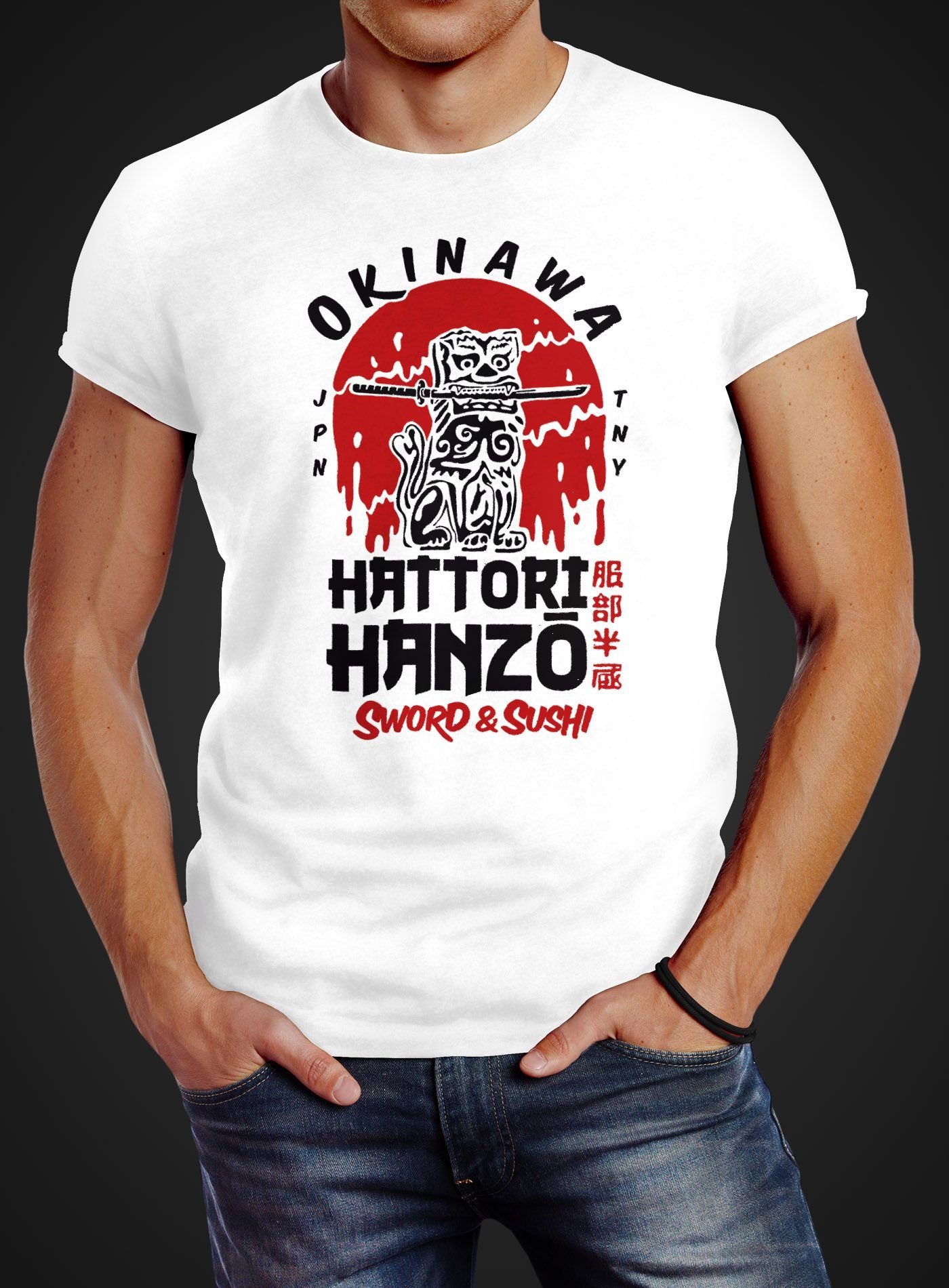 Neverless Print-Shirt Herren T-Shirt Schriftzeichen and Fashion Sushi Japan Streetstyle Neverless® Print Hattori Sword mit Hanzo Okinawa weiß
