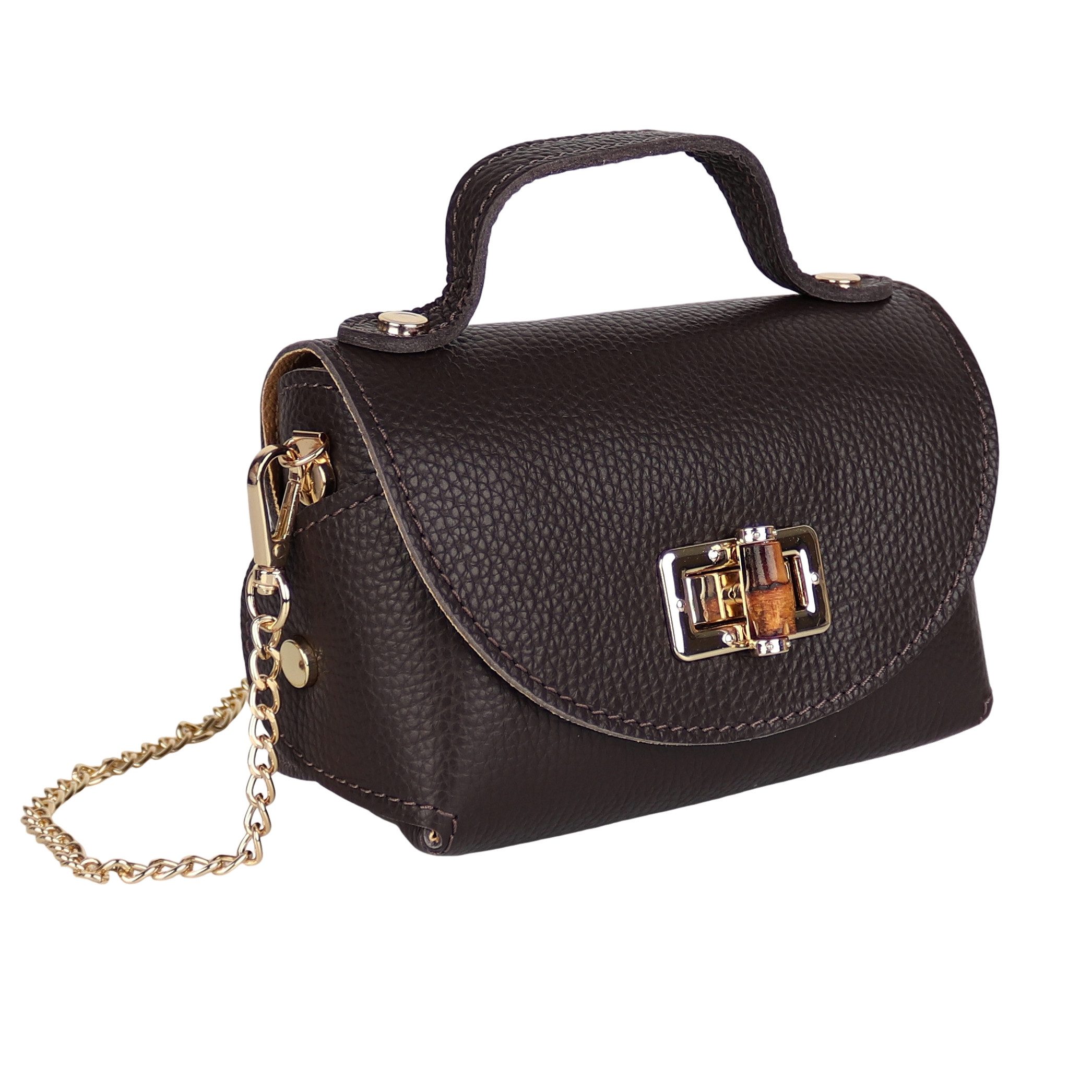 MIRROSI Henkeltasche Damen kleine Tasche aus Echtleder Schultertasche 16,50x10x8,50 cm, Mit goldfarbener Kette, ca. 125 cm lang