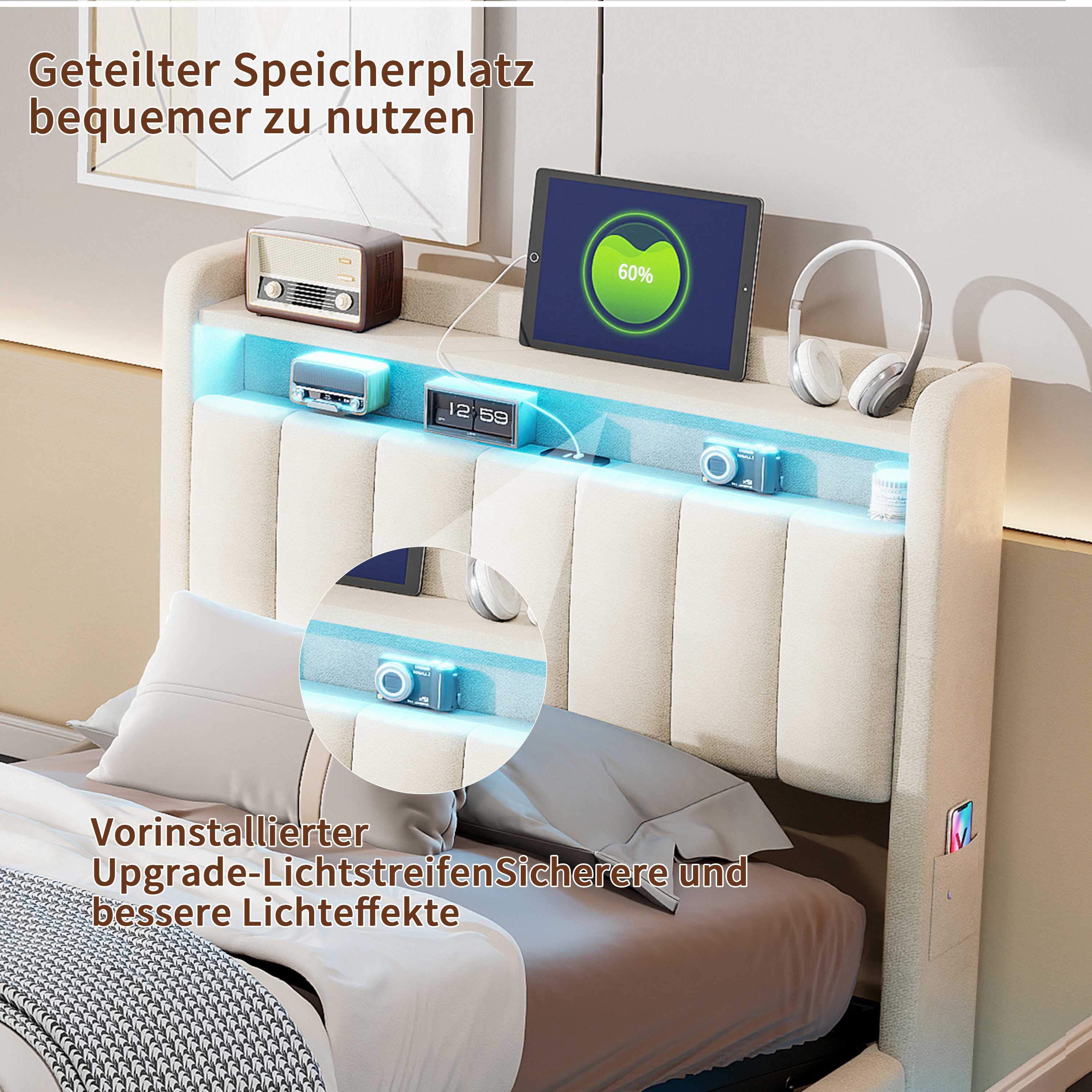 Simurq Polsterbett Samtbett mit Bettkasten 90x200, Einzelbett, Jugendbett, Luxuriöses Samtbett mit Stauraum, Mit Lattenrost, USB Port & LED – Bild 2 von 5