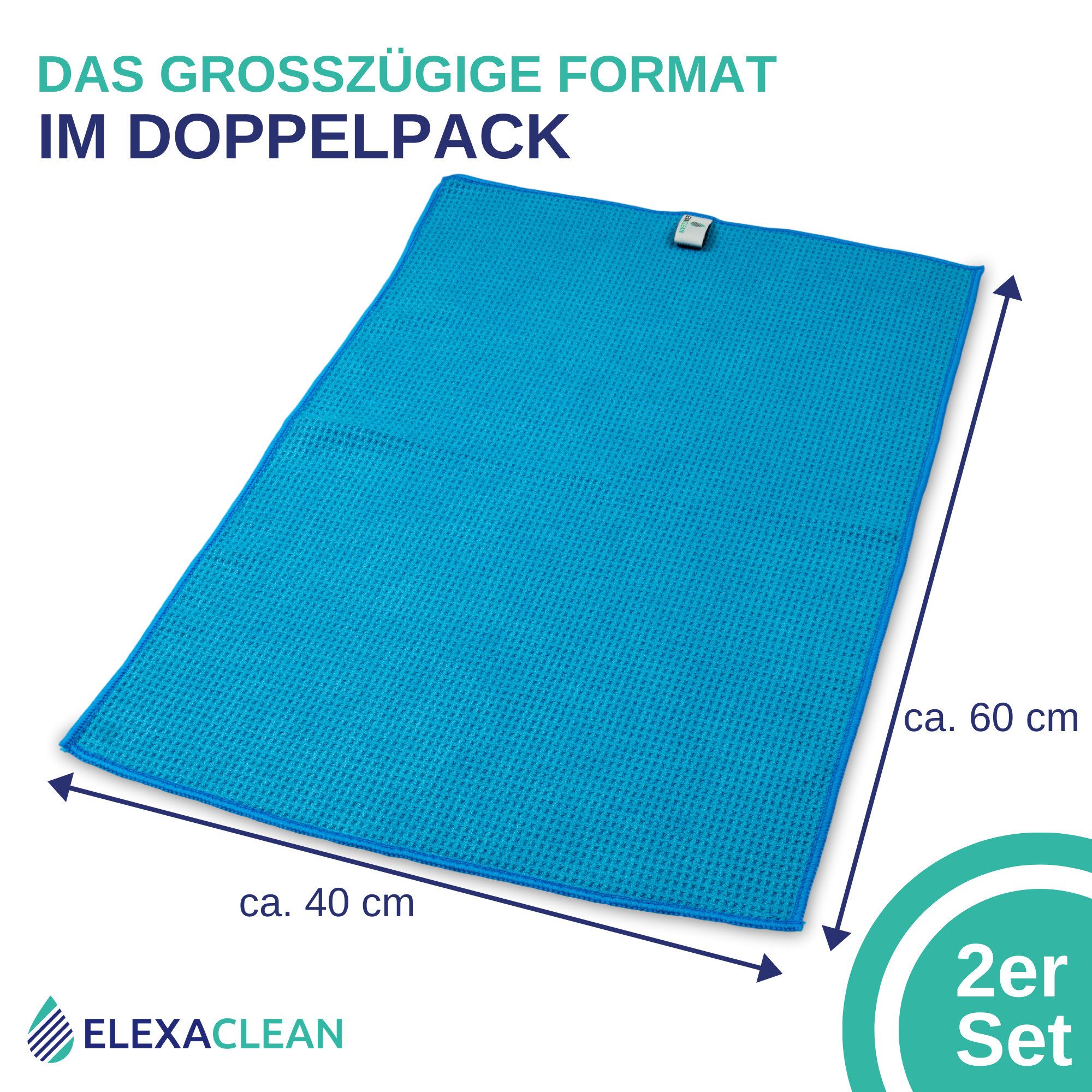 ELEXACLEAN Waffeltuch Trockentuch Mikrofasertuch (80% Polyester, 20% Polyamid, Set, 2-tlg., 60x40 cm, streifenfrei, fusselfrei, saugstark) – Bild 5 von 5