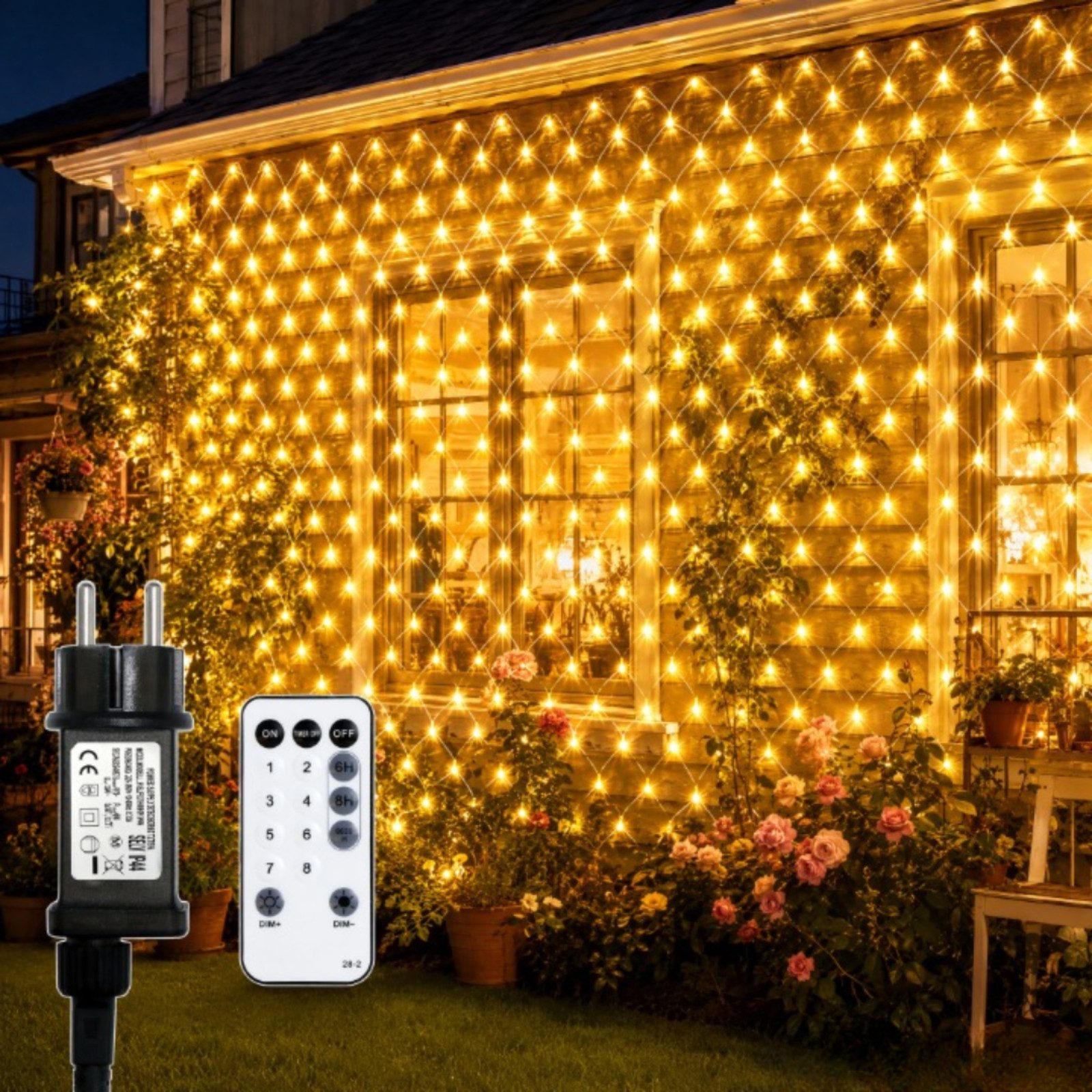 OZAVO LED-Lichternetz 1/2er LED Lichterkette Außen mit Fernbedienung Timer warmweiß, 3 x 2m, 200-flammig, Lichternetz Innen mit 8 Modi für Büsche Garten Zimmer Balkon